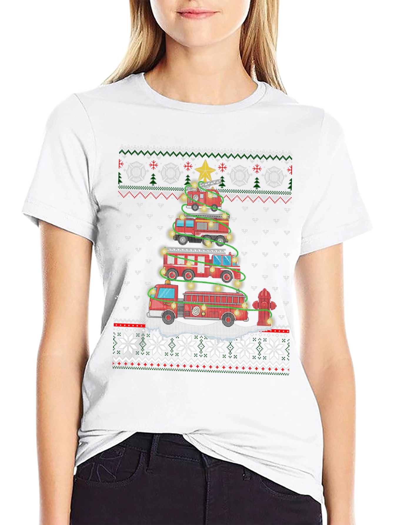 Festive Fire Truck Christmas Tree Sweater Design T-Shirt