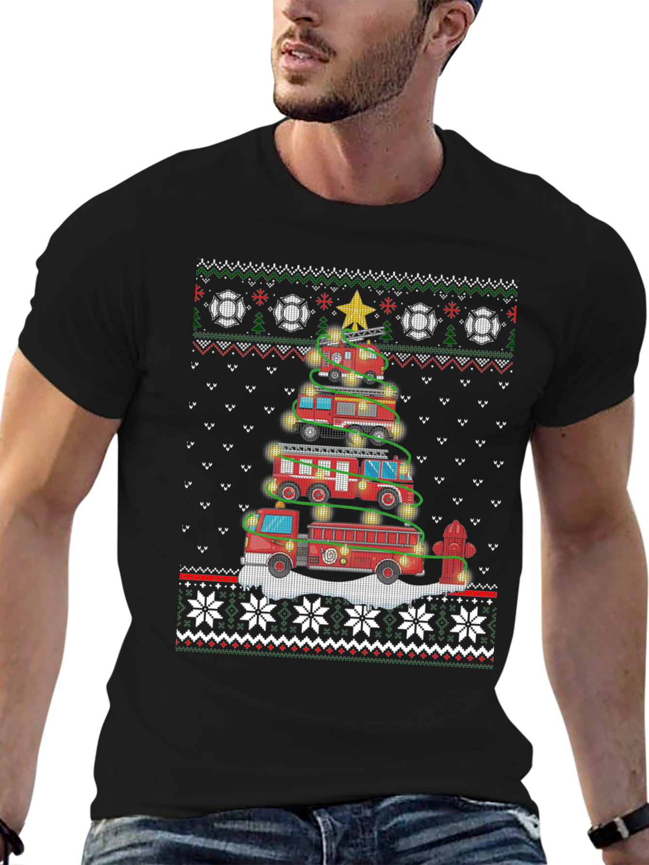 Festive Fire Truck Christmas Tree Sweater Design T-Shirt