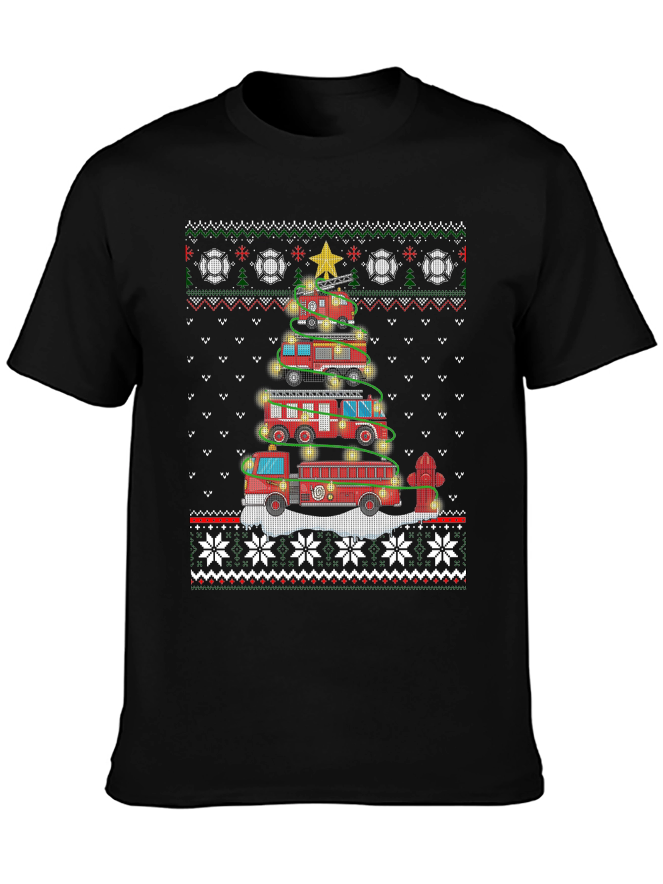Festive Fire Truck Christmas Tree Sweater Design T-Shirt