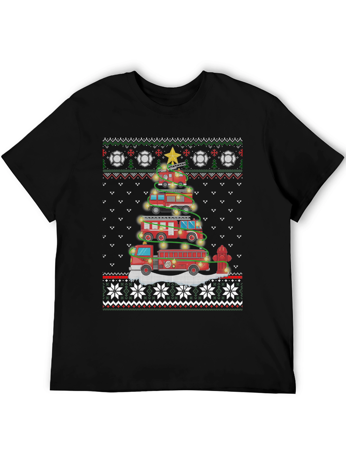 Festive Fire Truck Christmas Tree Sweater Design T-Shirt