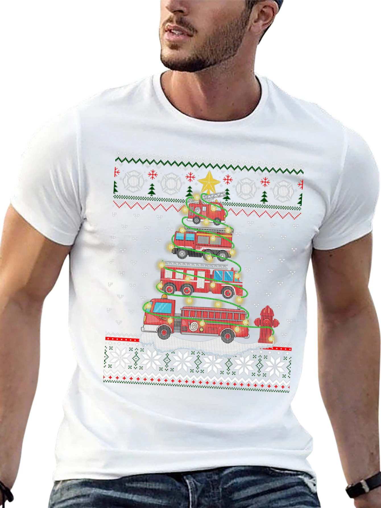 Festive Fire Truck Christmas Tree Sweater Design T-Shirt