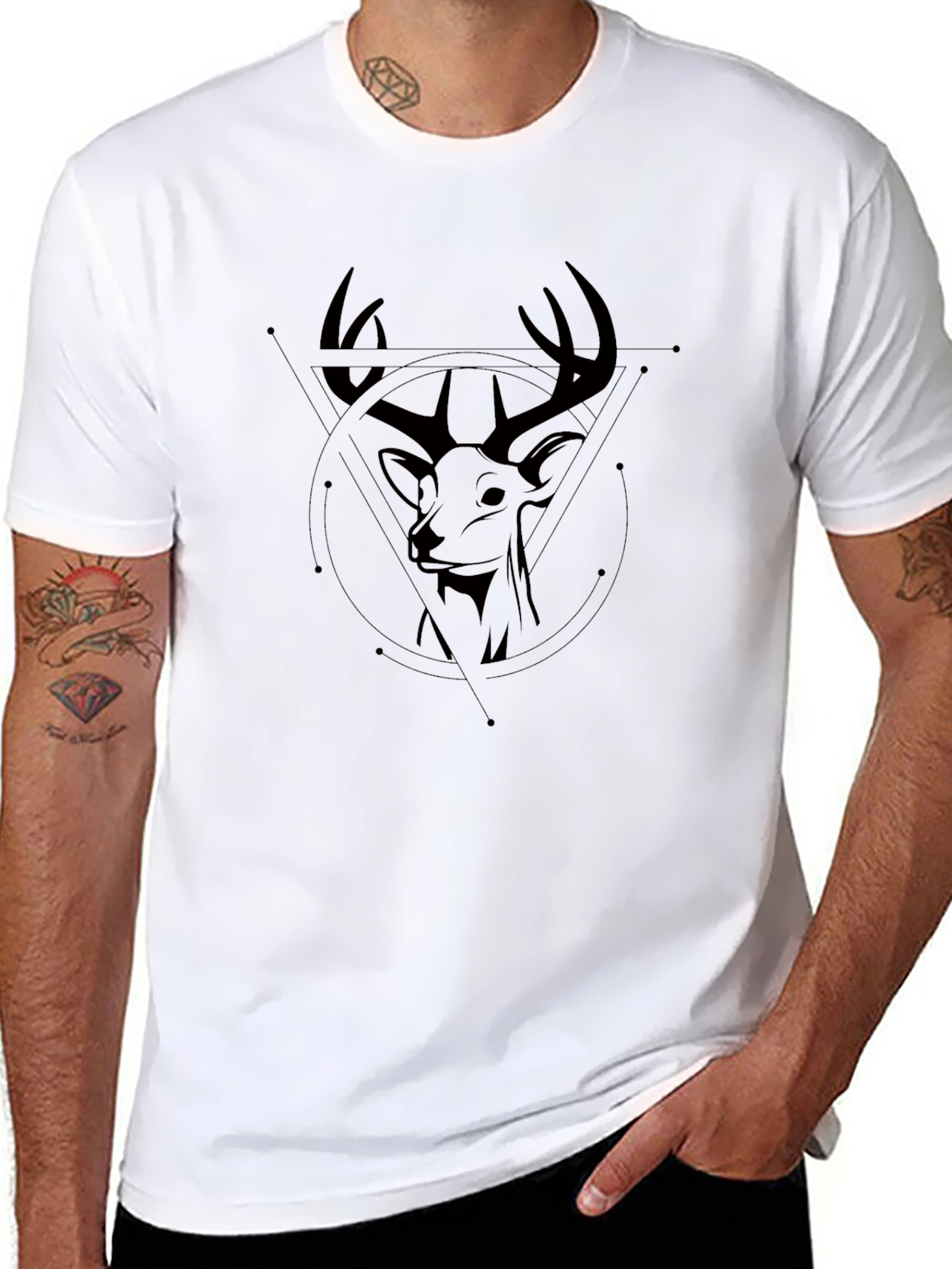 Geometric Deer Head Graphic Black T-Shirt