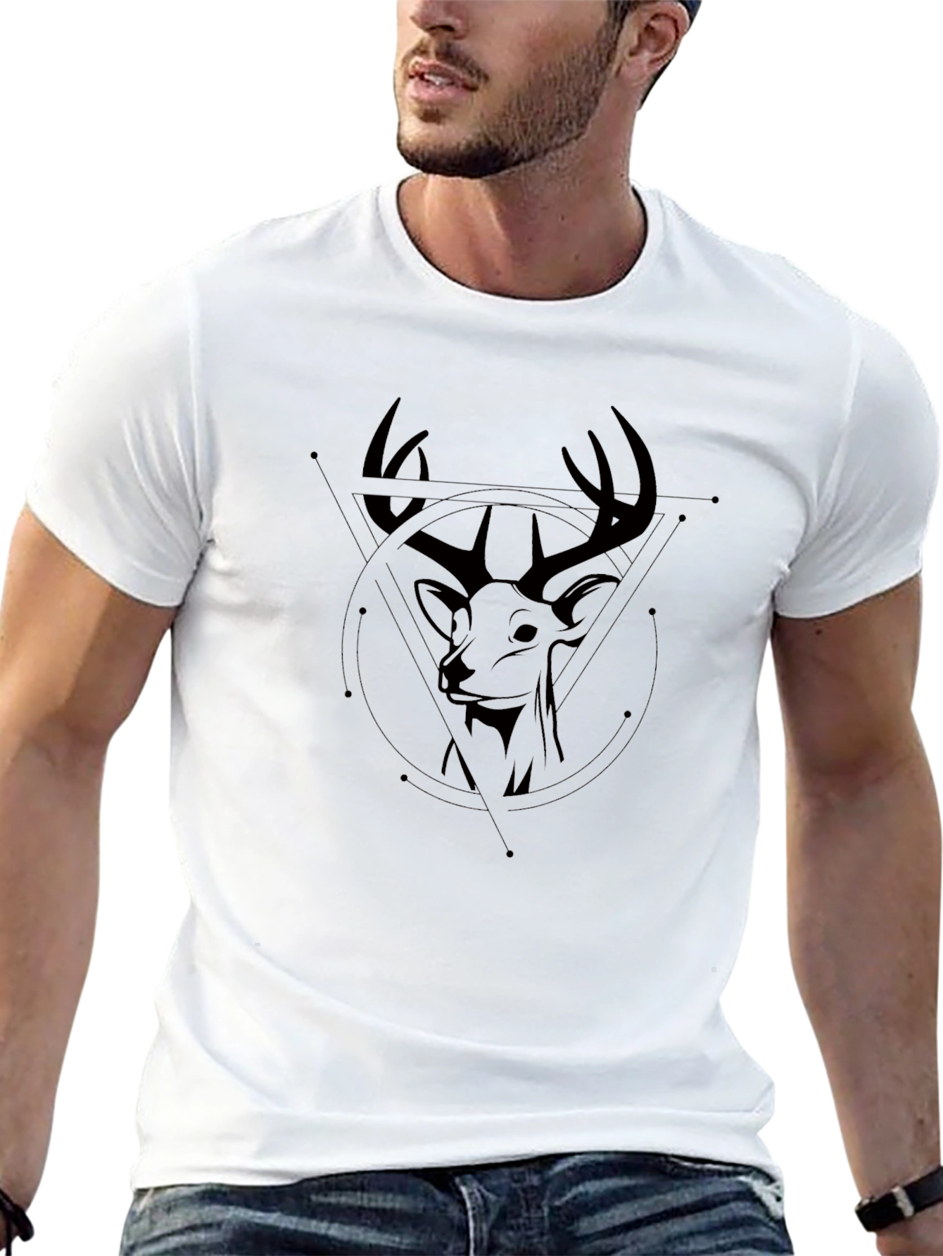 Geometric Deer Head Graphic Black T-Shirt