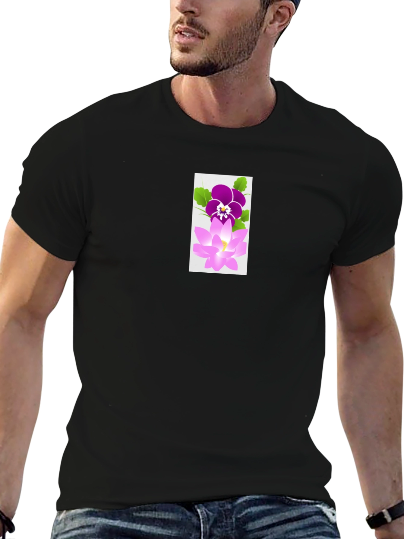Black T-Shirt with Flower Design