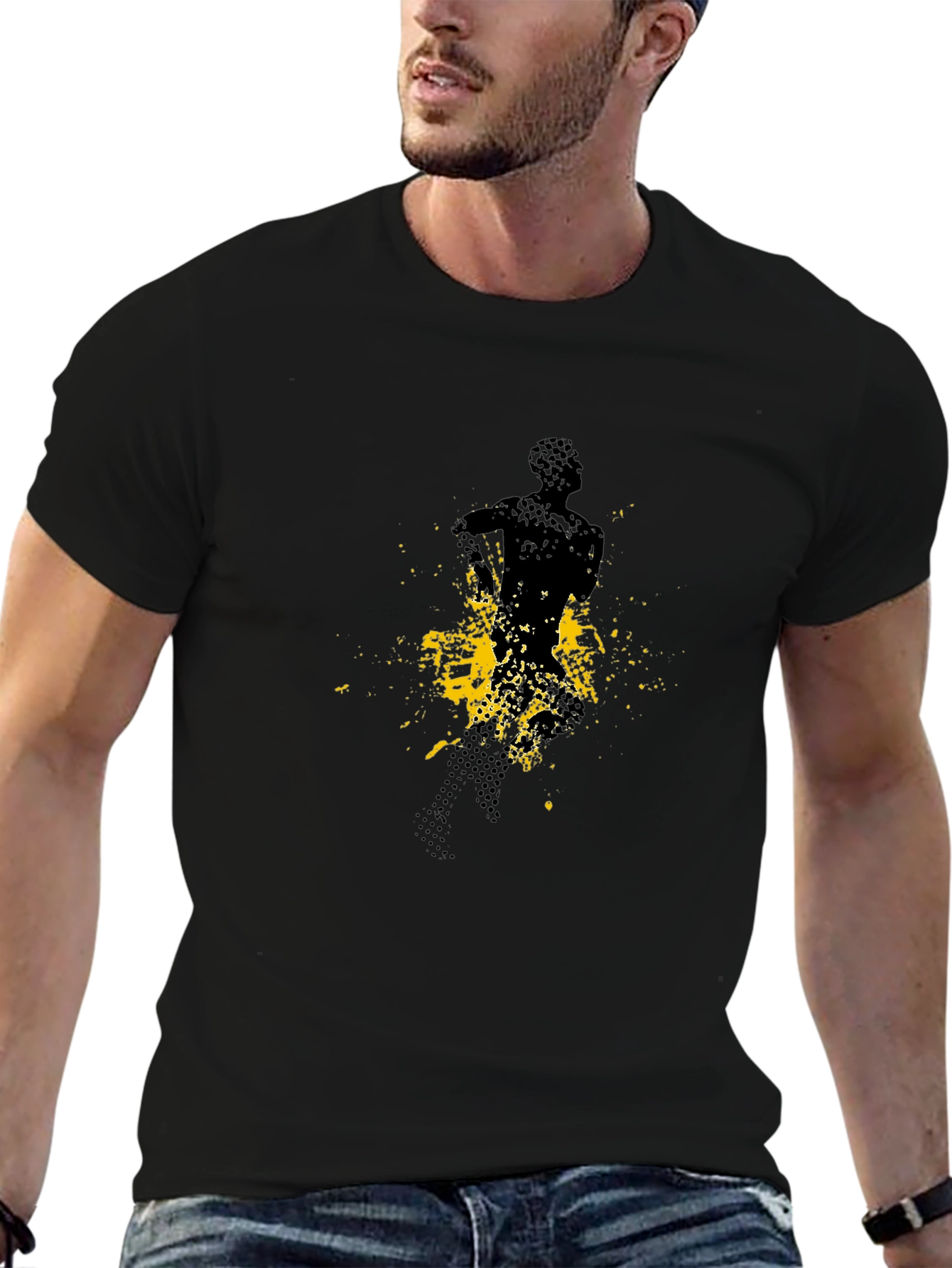 Mens Black Graphic Tee - Abstract Runner Design