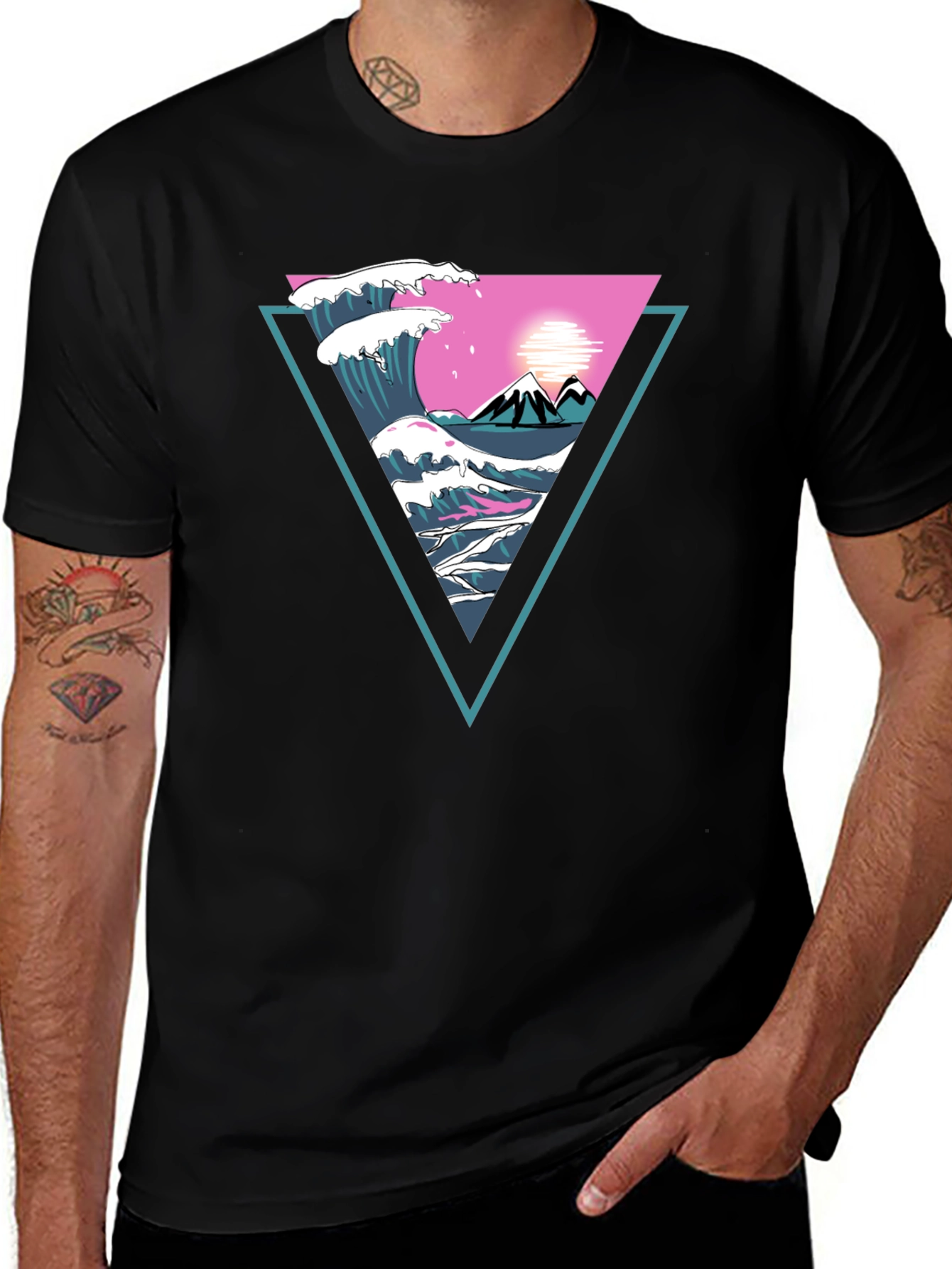 Triangle Wave Graphic Tee - Black Cotton T-Shirt