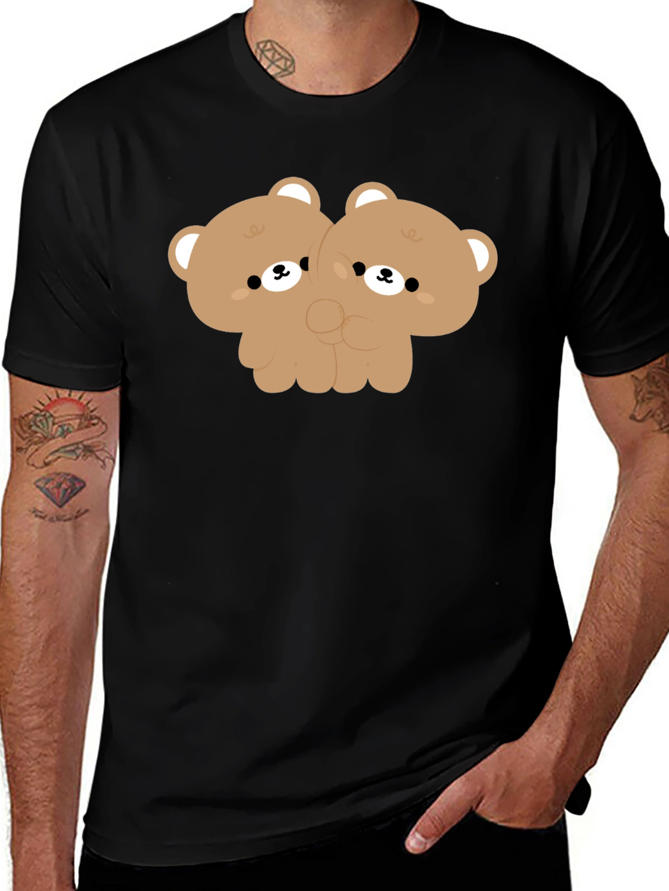 Cute Twin Bear Graphic Tee - Black