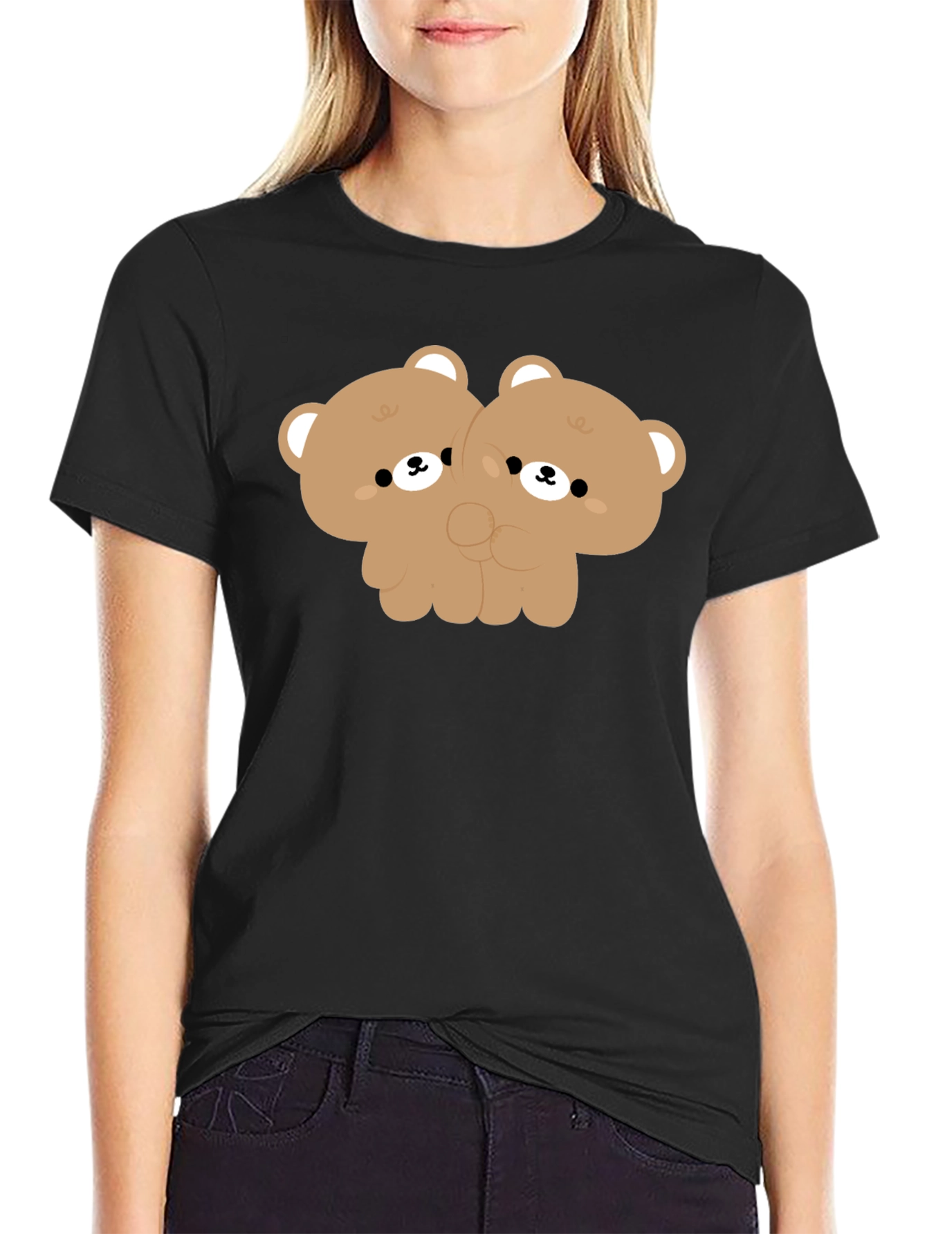 Cute Twin Bear Graphic Tee - Black
