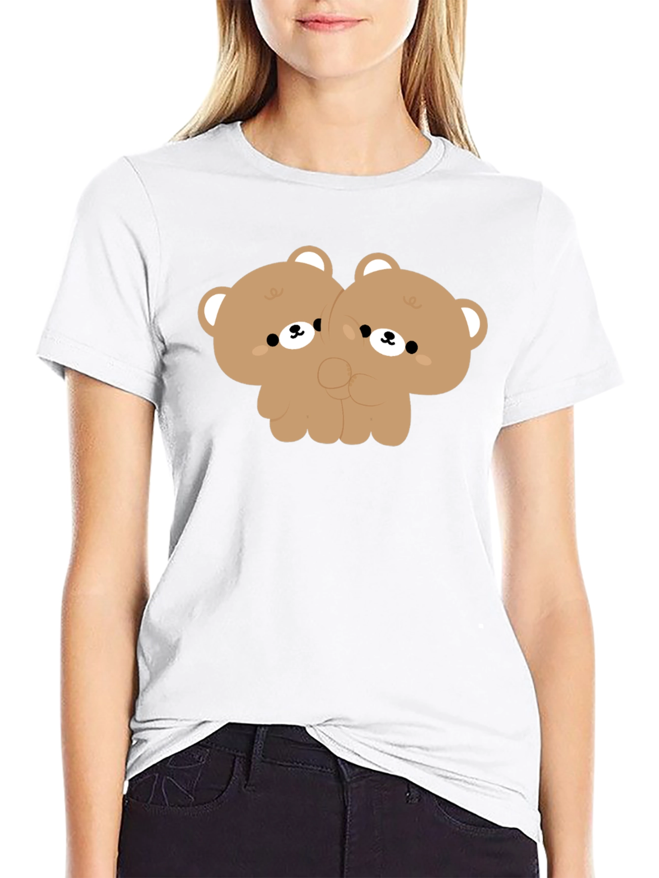 Cute Twin Bear Graphic Tee - Black