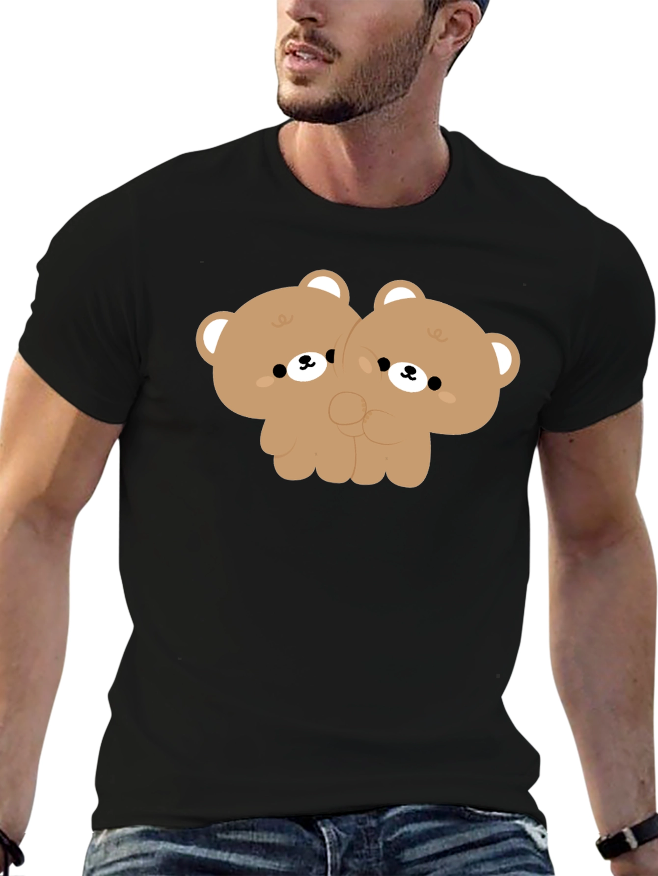 Cute Twin Bear Graphic Tee - Black