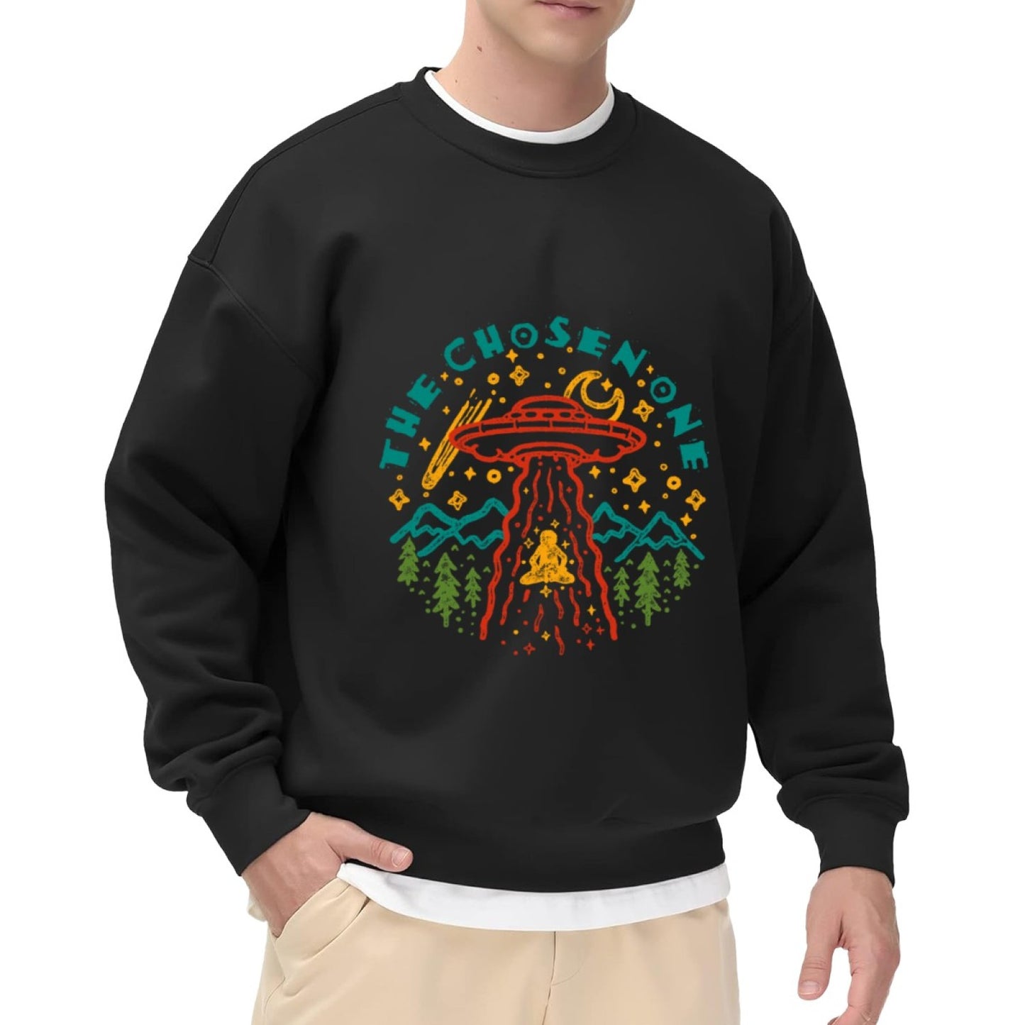 Heathered Gray "The Chosen One" UFO Graphic Crewneck Sweatshirt - Oversized Casual Pullover for Men, Retro Space Print Long-Sleeve Top