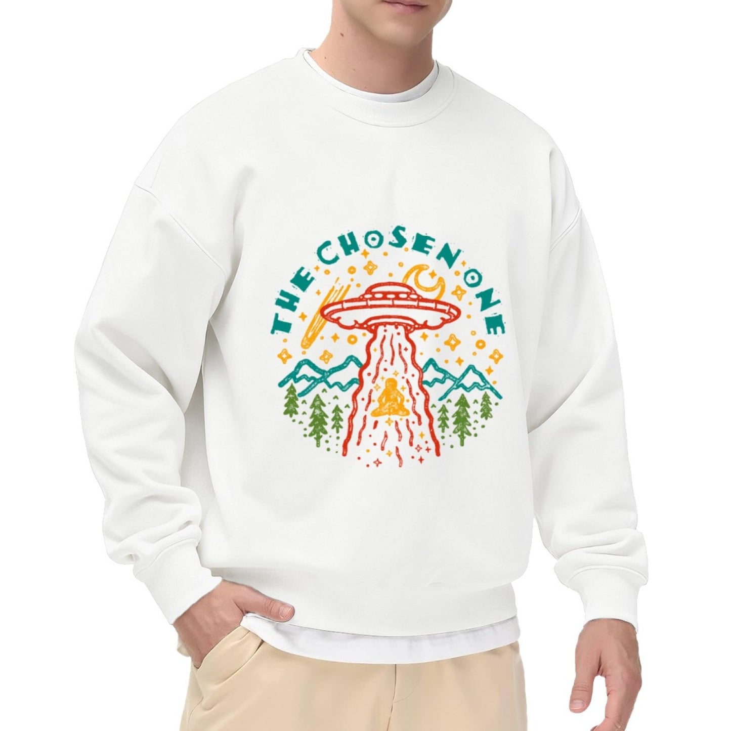 Heathered Gray "The Chosen One" UFO Graphic Crewneck Sweatshirt - Oversized Casual Pullover for Men, Retro Space Print Long-Sleeve Top