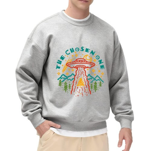 Heathered Gray "The Chosen One" UFO Graphic Crewneck Sweatshirt - Oversized Casual Pullover for Men, Retro Space Print Long-Sleeve Top