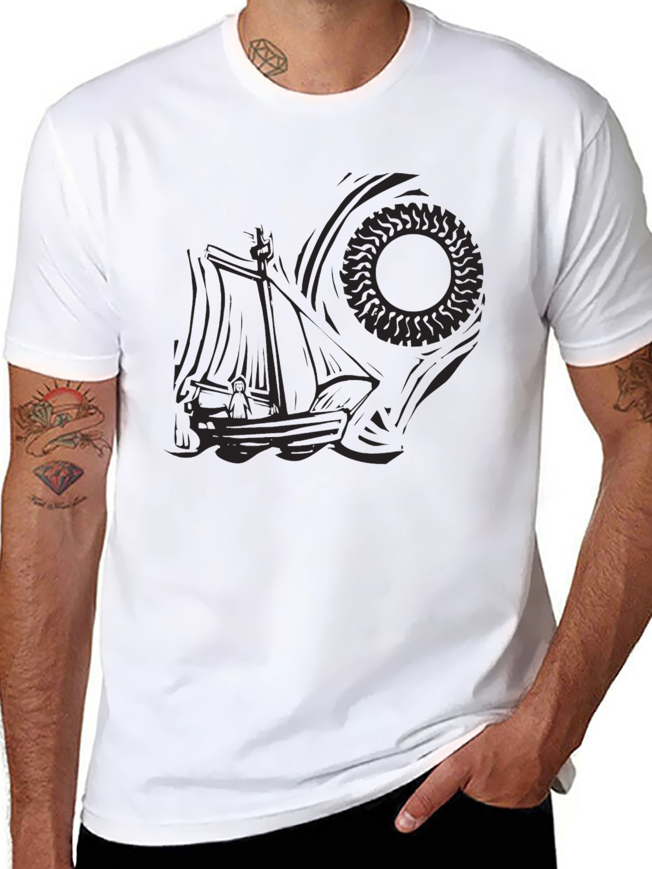 Mens Black Graphic Tee - Nautical Sun Design