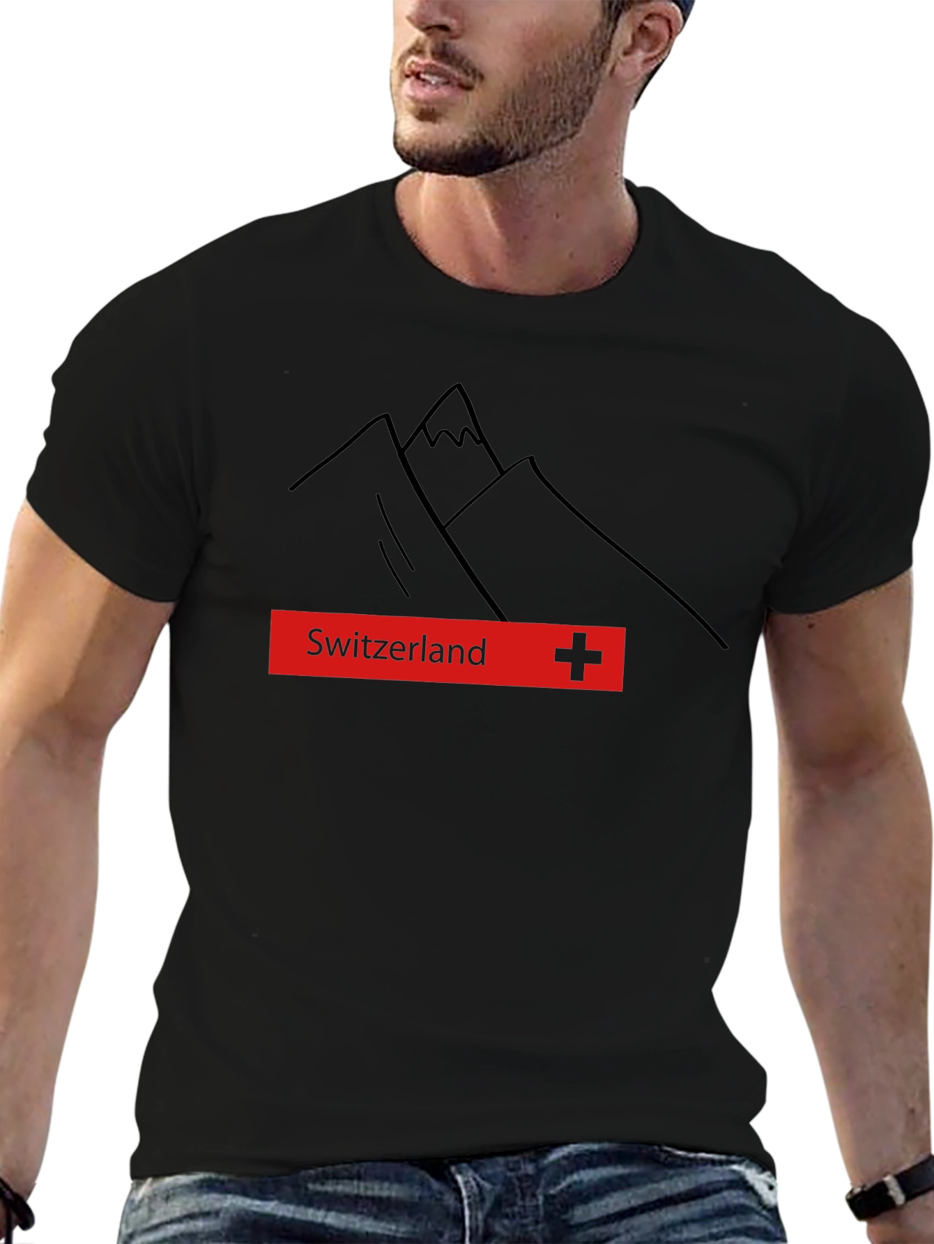 Switzerland Mountain Graphic Tee - Black Cotton T-Shirt