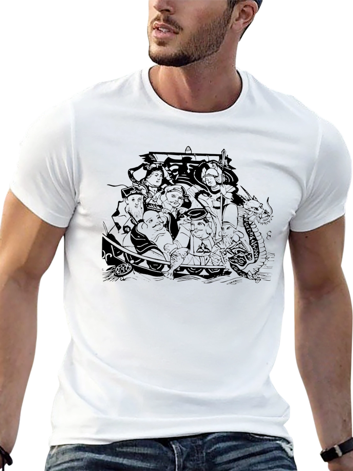 Black T-Shirt with Detailed Boat Graphic