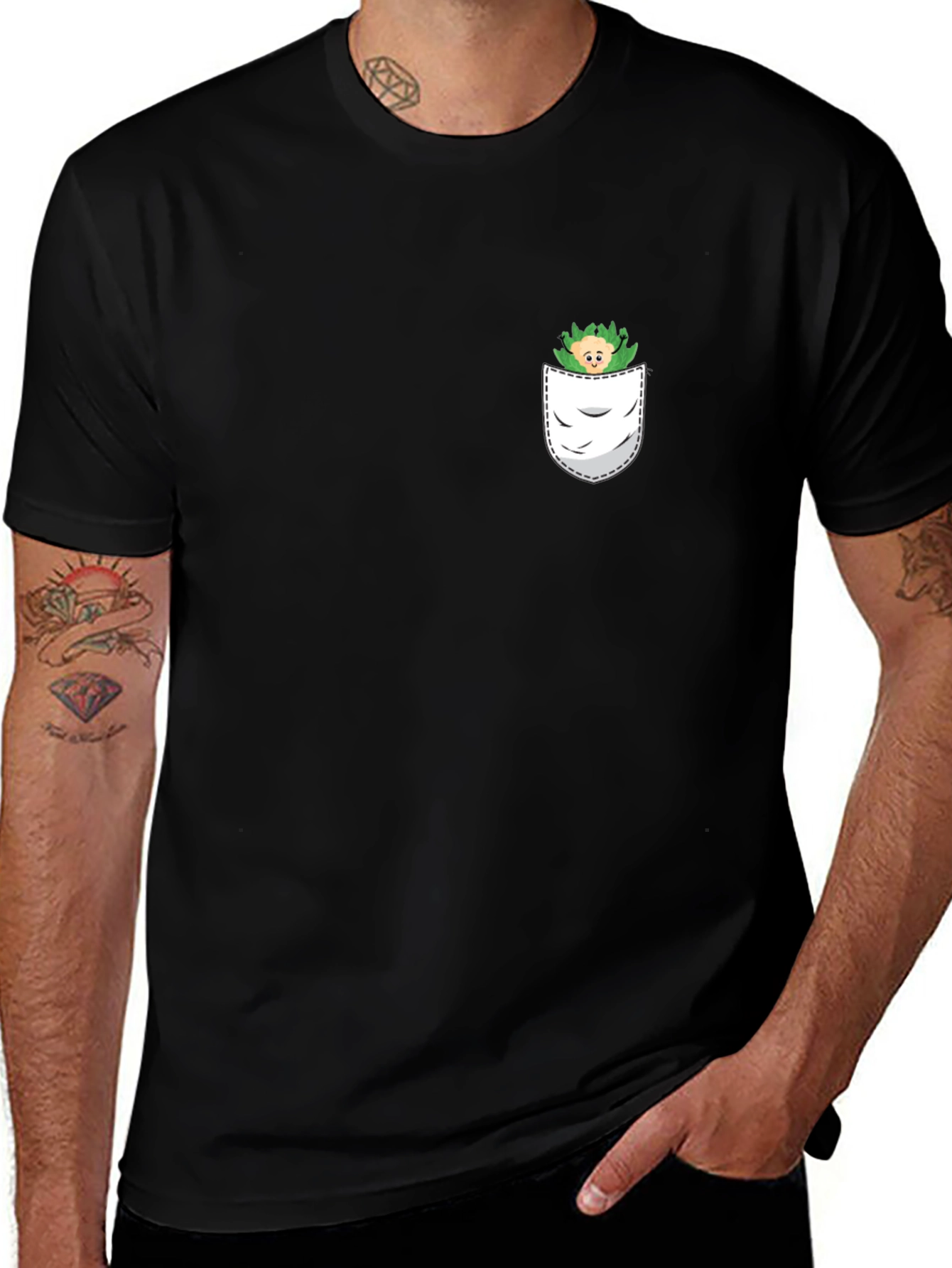Mens Black T-Shirt with Pocket Monster Graphic