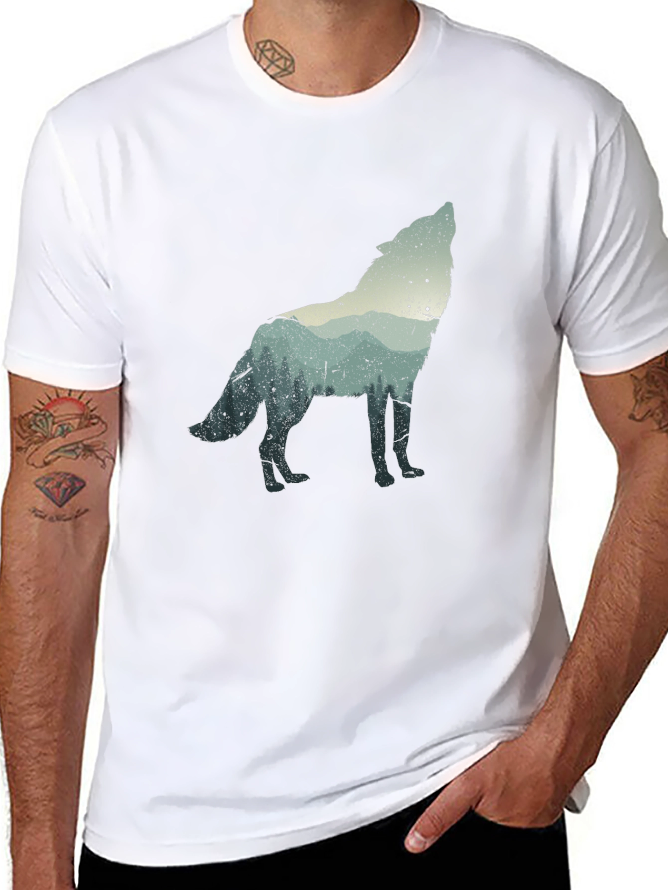 Wolf Silhouette Graphic Tee - Black Crew Neck