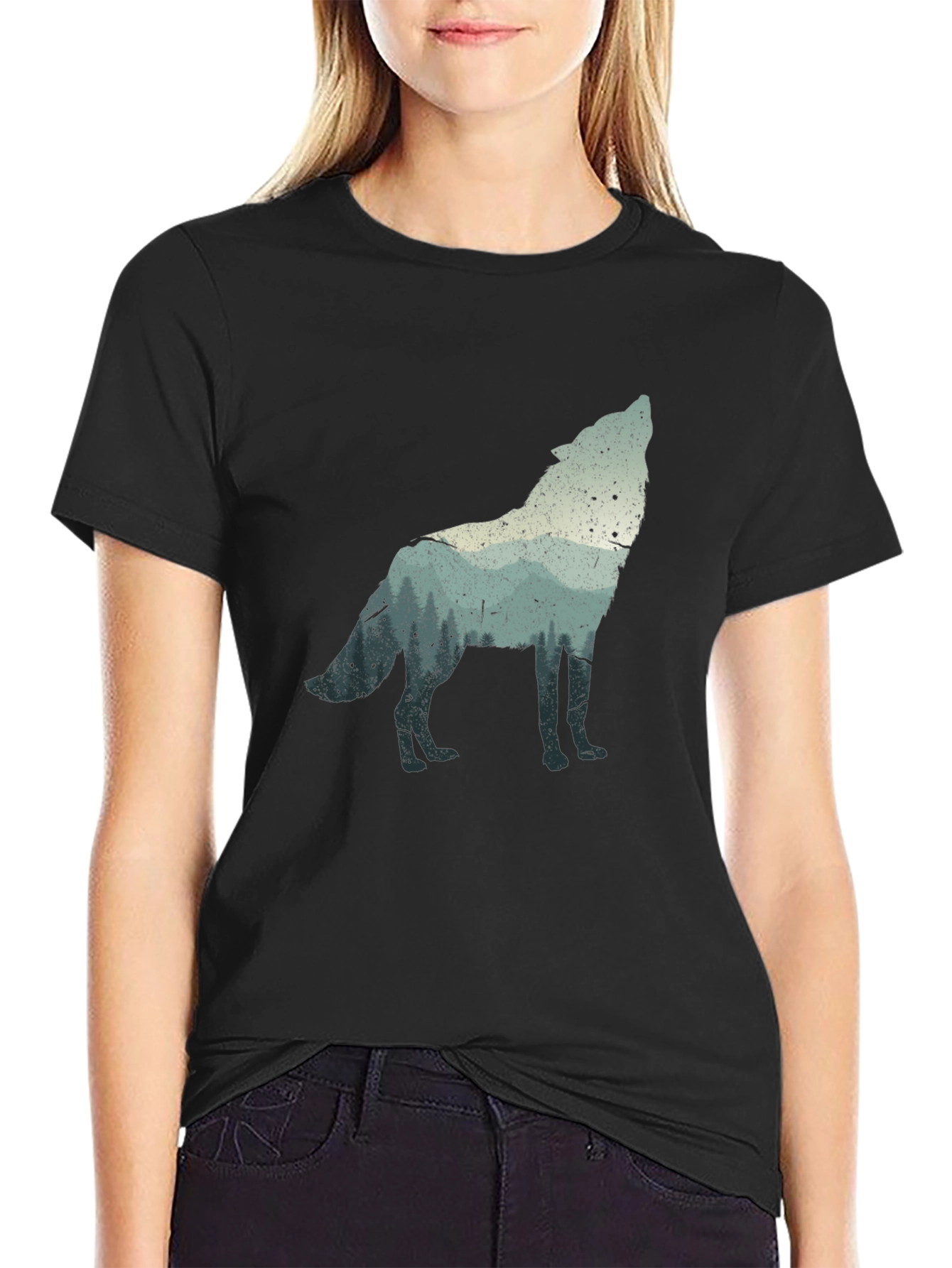 Wolf Silhouette Graphic Tee - Black Crew Neck