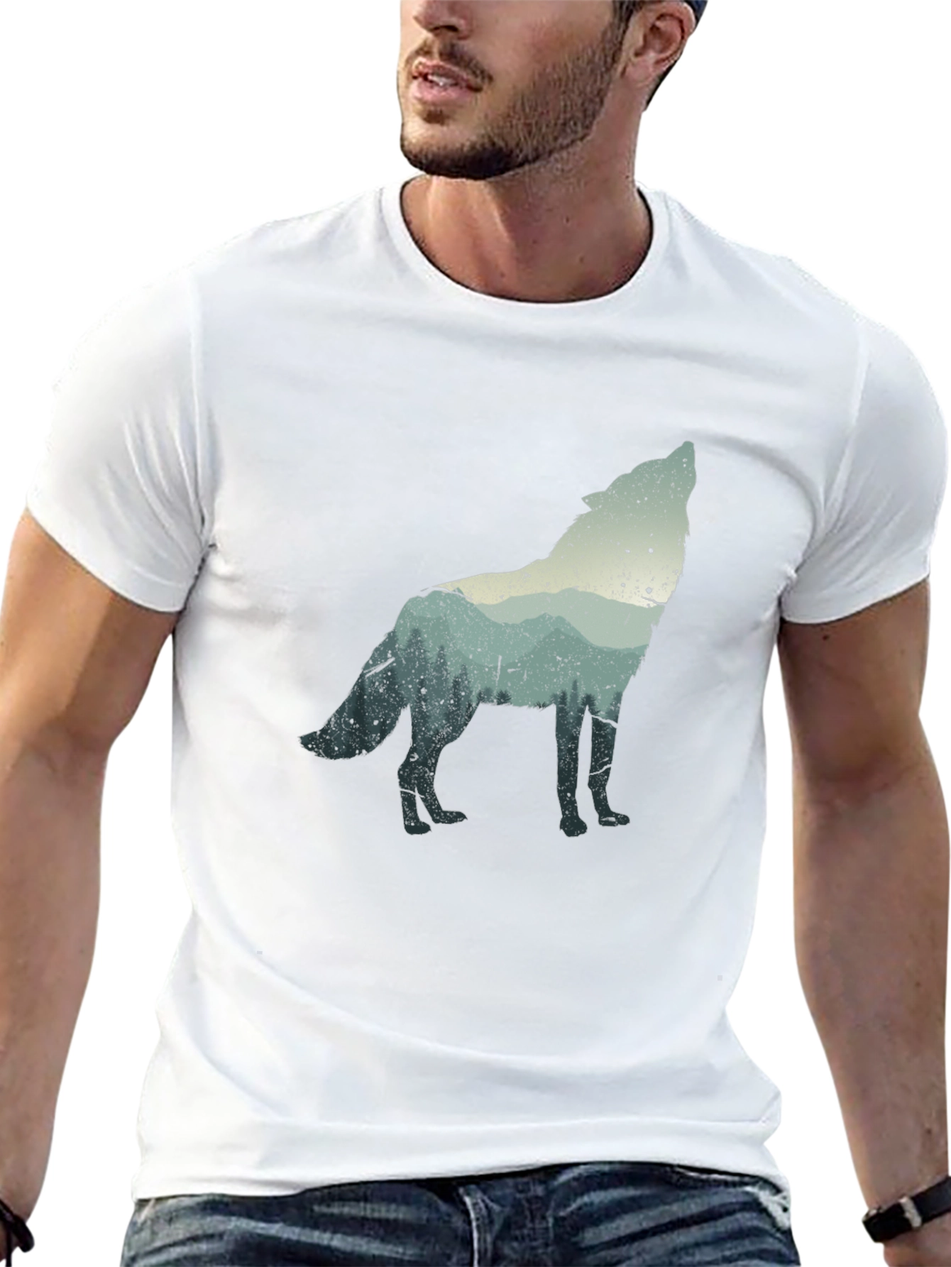Wolf Silhouette Graphic Tee - Black Crew Neck