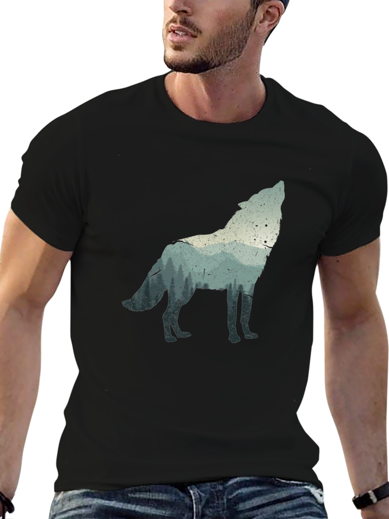 Wolf Silhouette Graphic Tee - Black Crew Neck