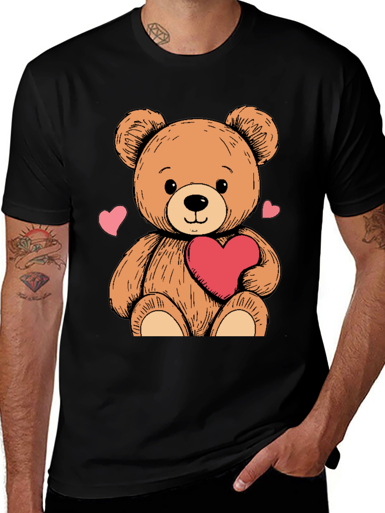 Teddy Bear Heart Graphic Black Tee
