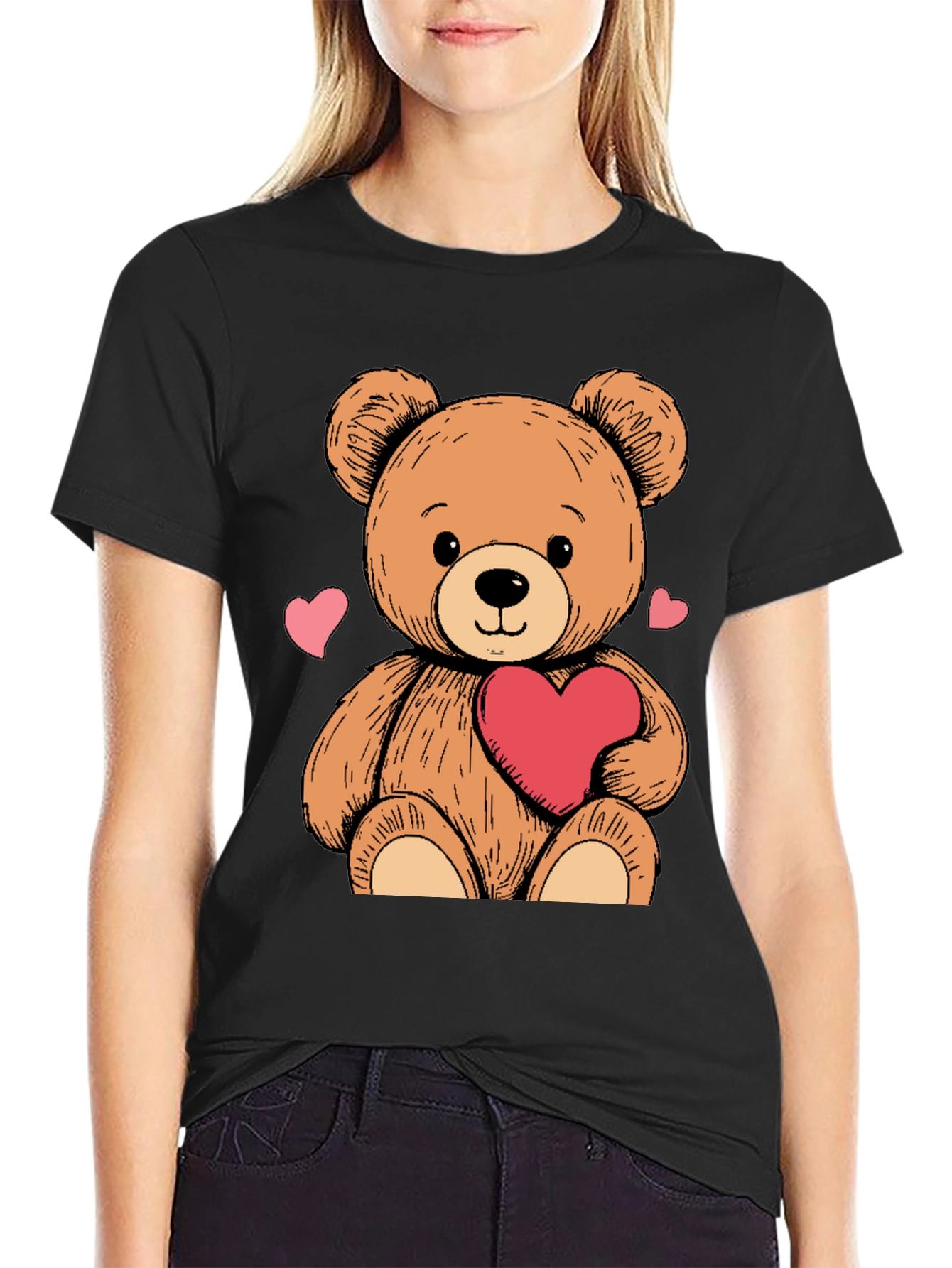 Teddy Bear Heart Graphic Black Tee