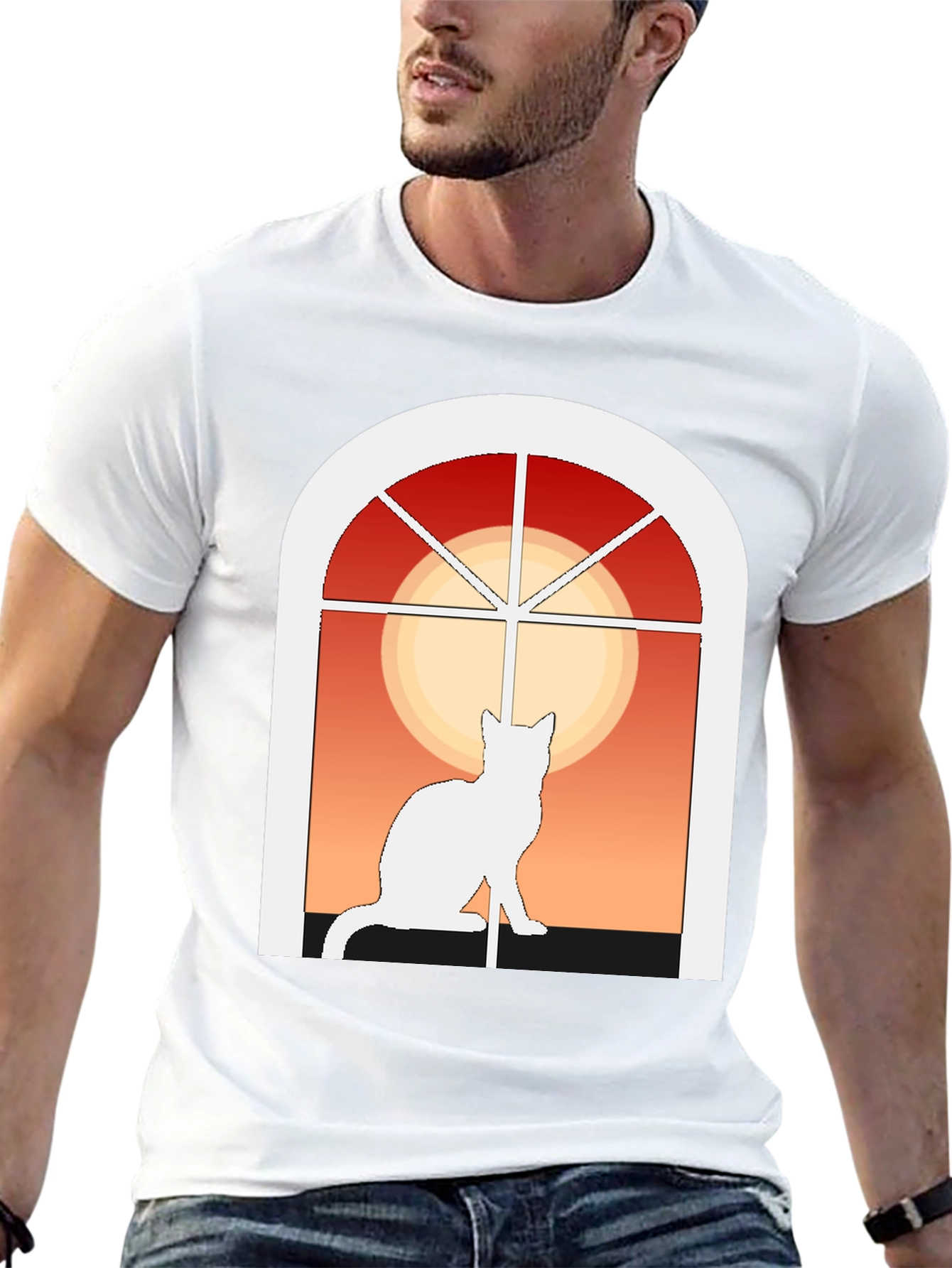 Cat Window Silhouette T-Shirt - Artistic Design