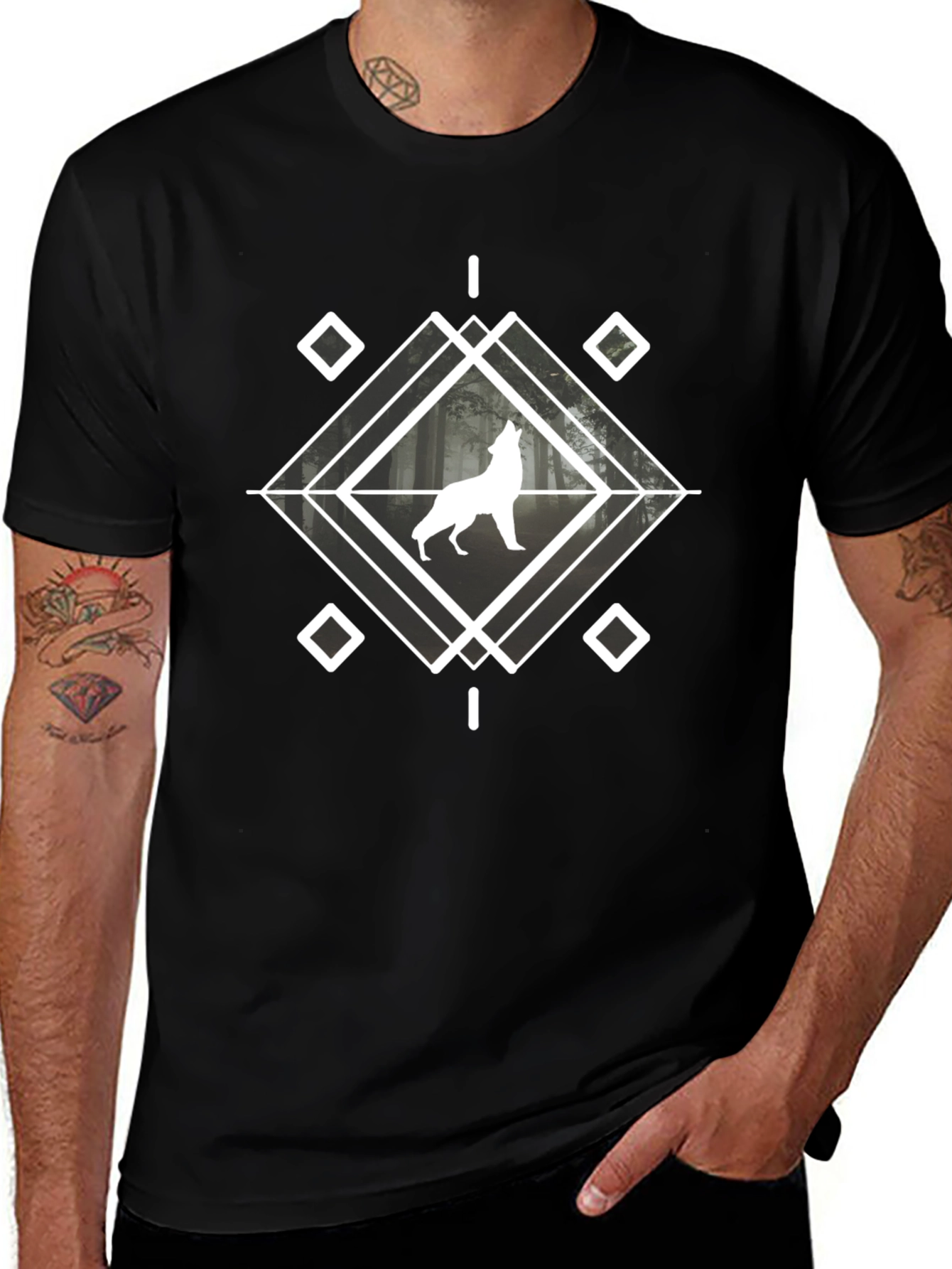 Geometric Wolf Graphic T-Shirt - Black