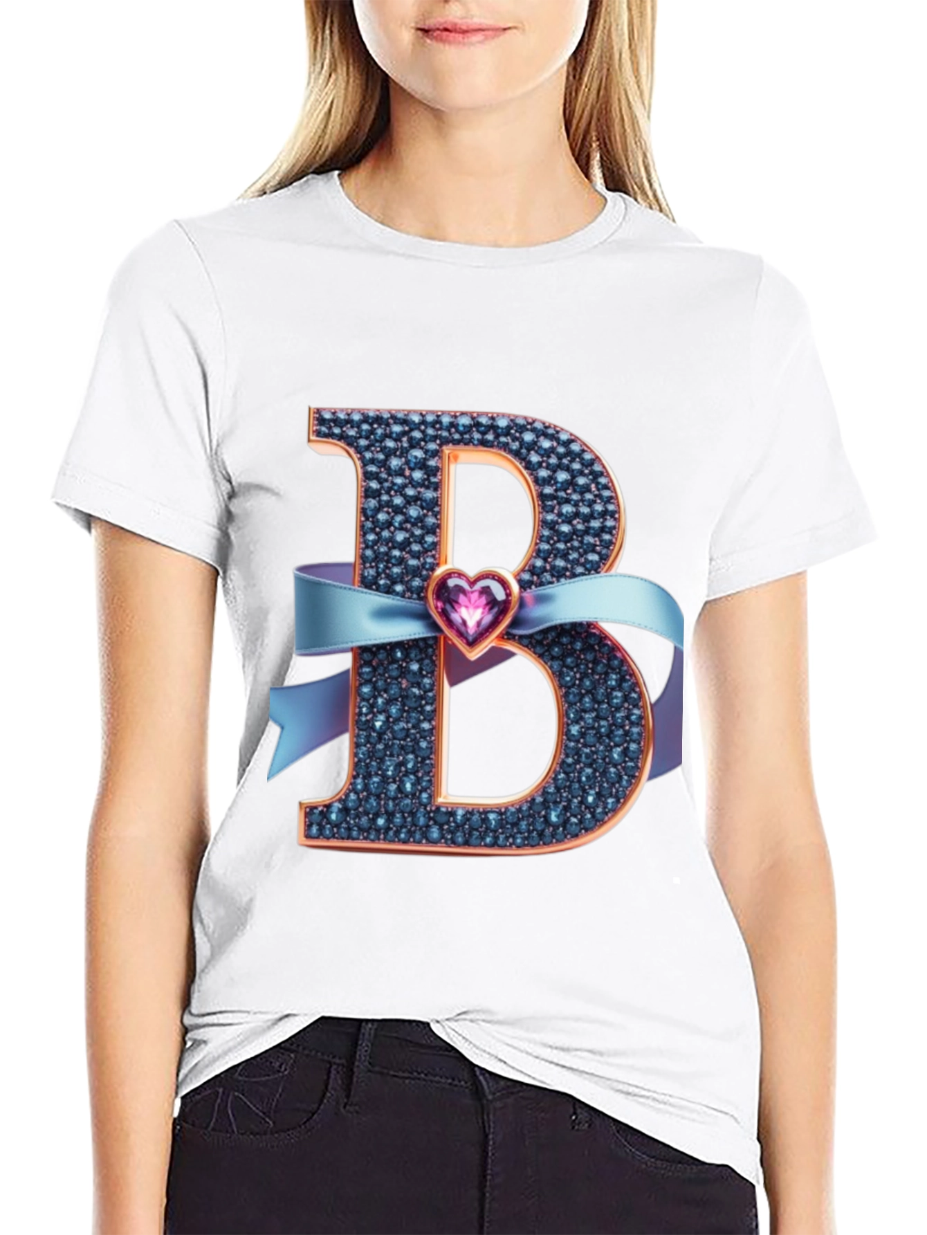 B Initial Heart Ribbon T-Shirt