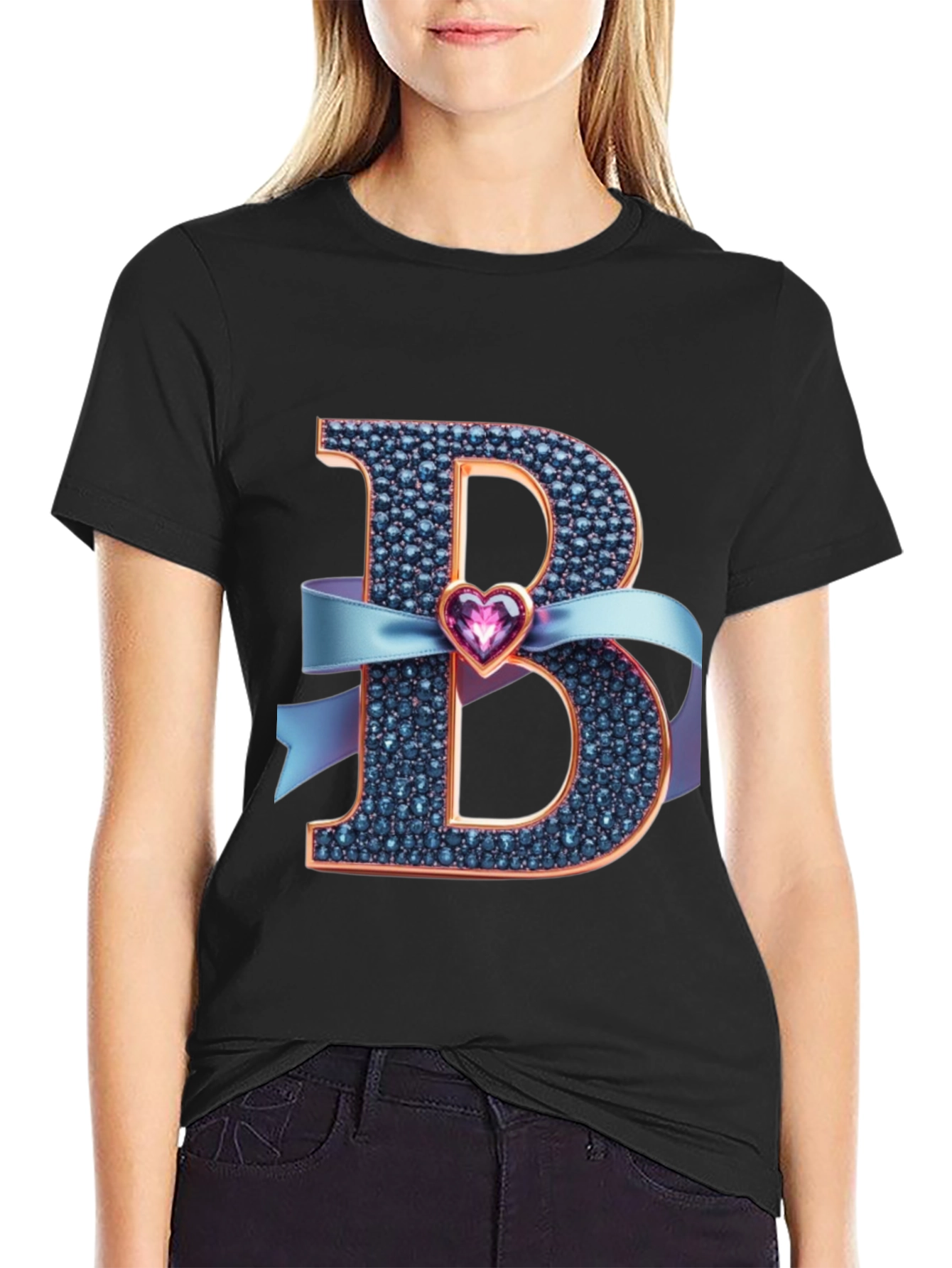 B Initial Heart Ribbon T-Shirt