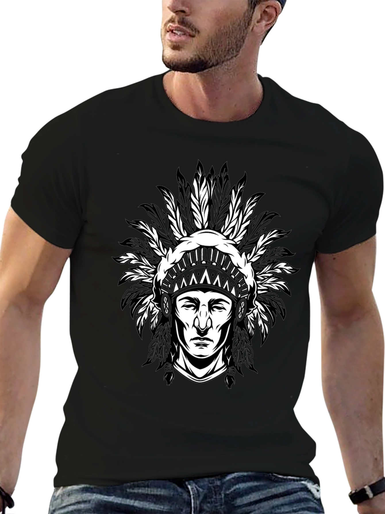 Native American Chief Graphic T-Shirt - Black