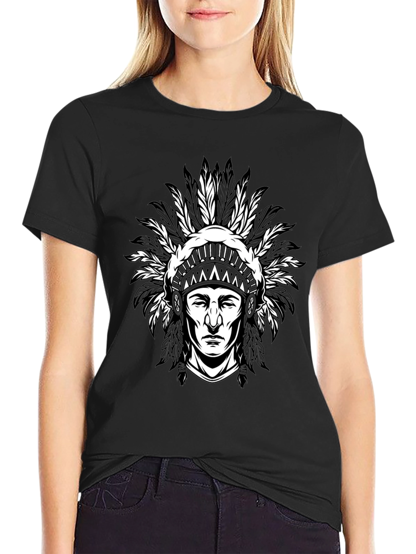 Native American Chief Graphic T-Shirt - Black