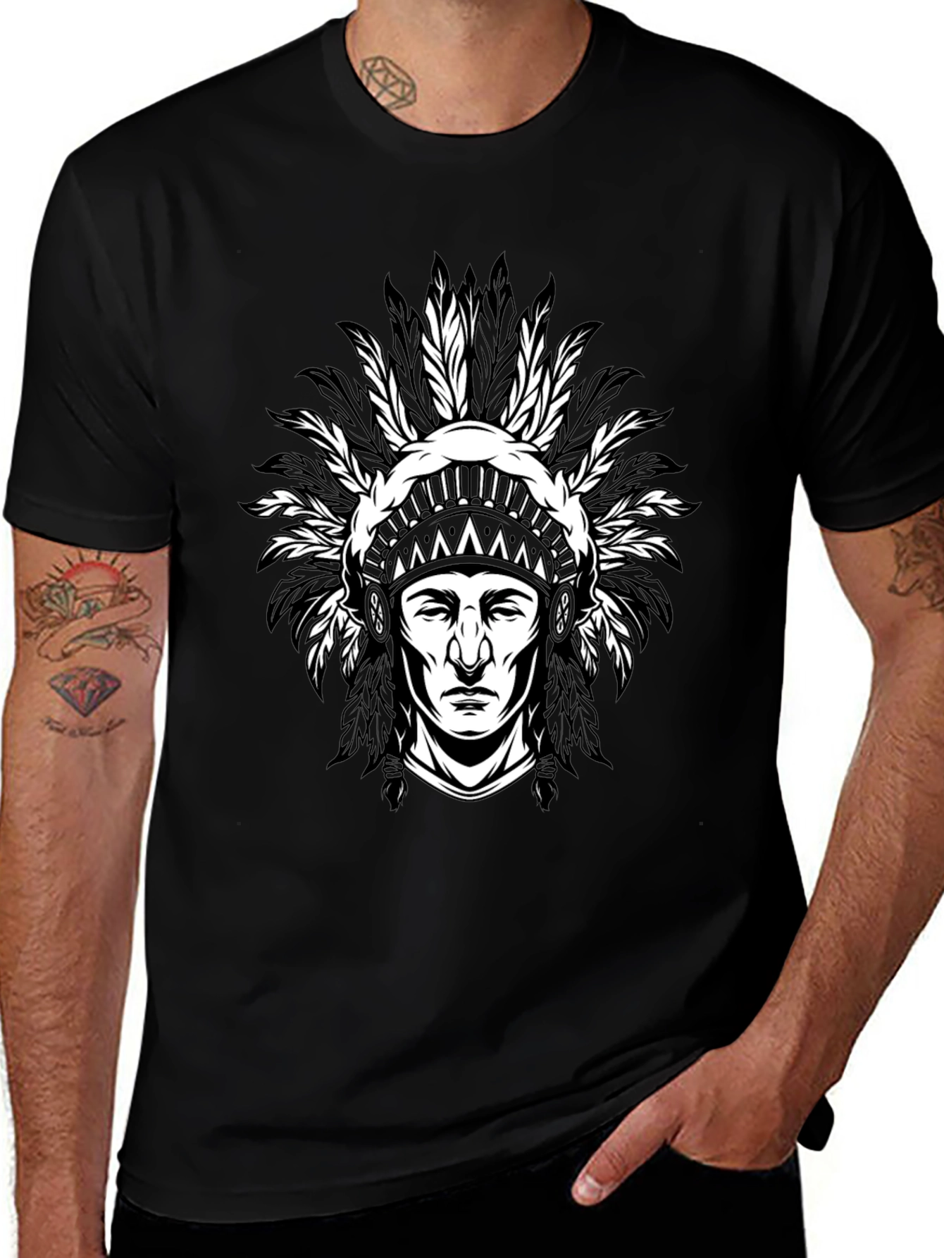 Native American Chief Graphic T-Shirt - Black