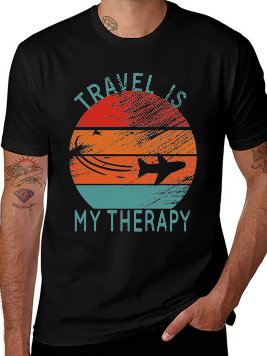 Travel Is My Therapy Graphic Tee - Retro Airplane Design