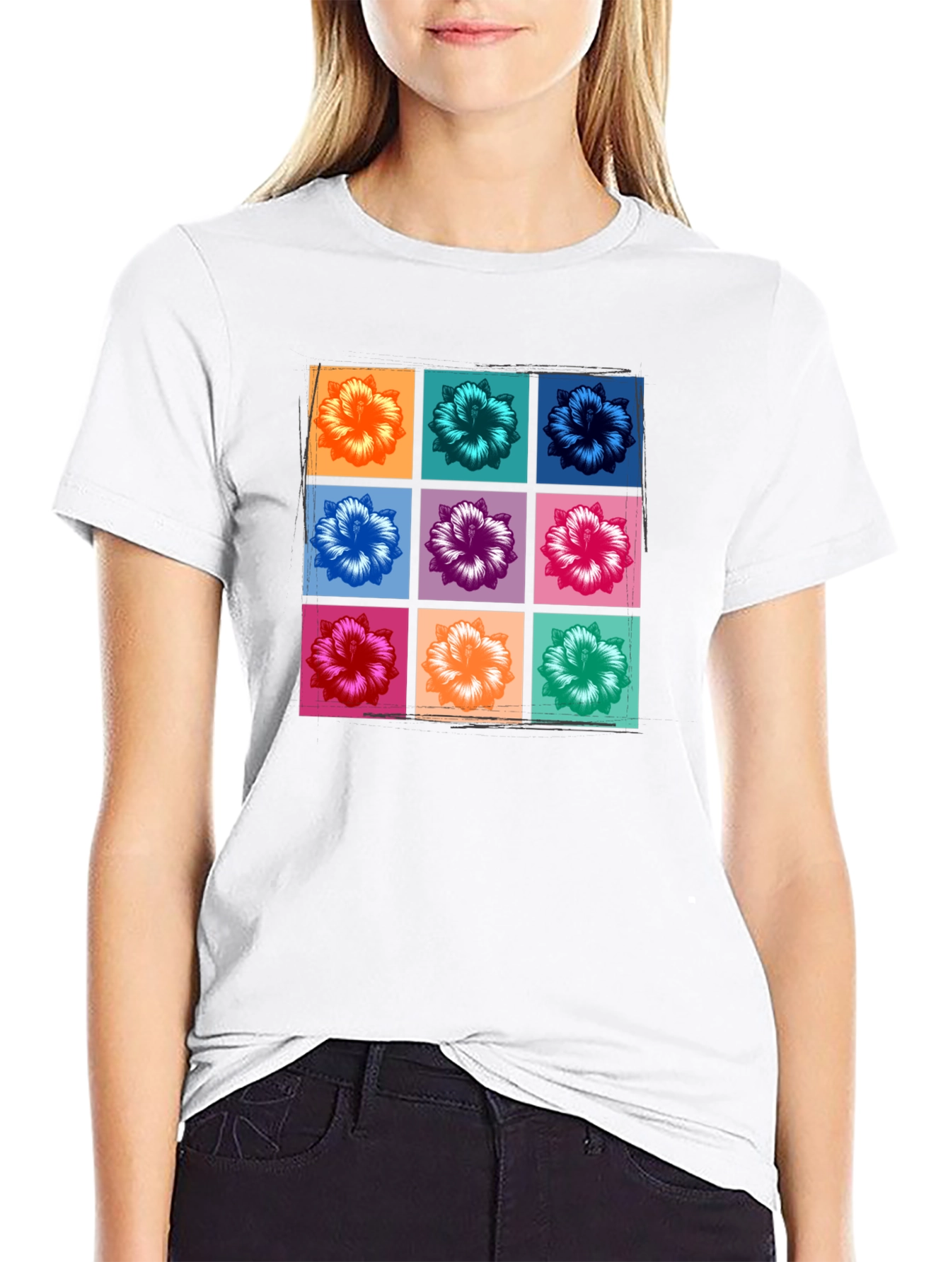 Floral Grid Graphic Tee - Black Casual T-Shirt