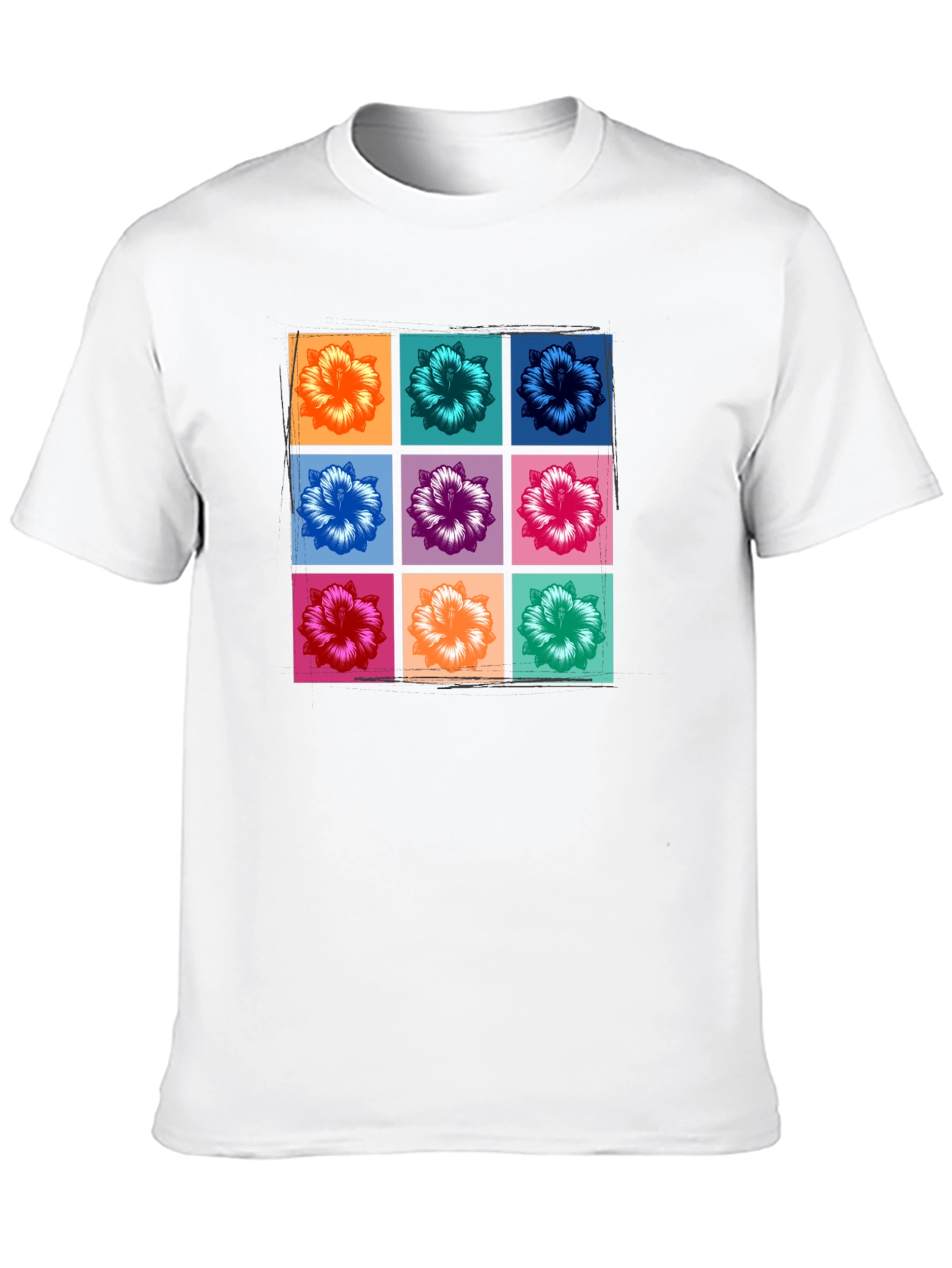 Floral Grid Graphic Tee - Black Casual T-Shirt