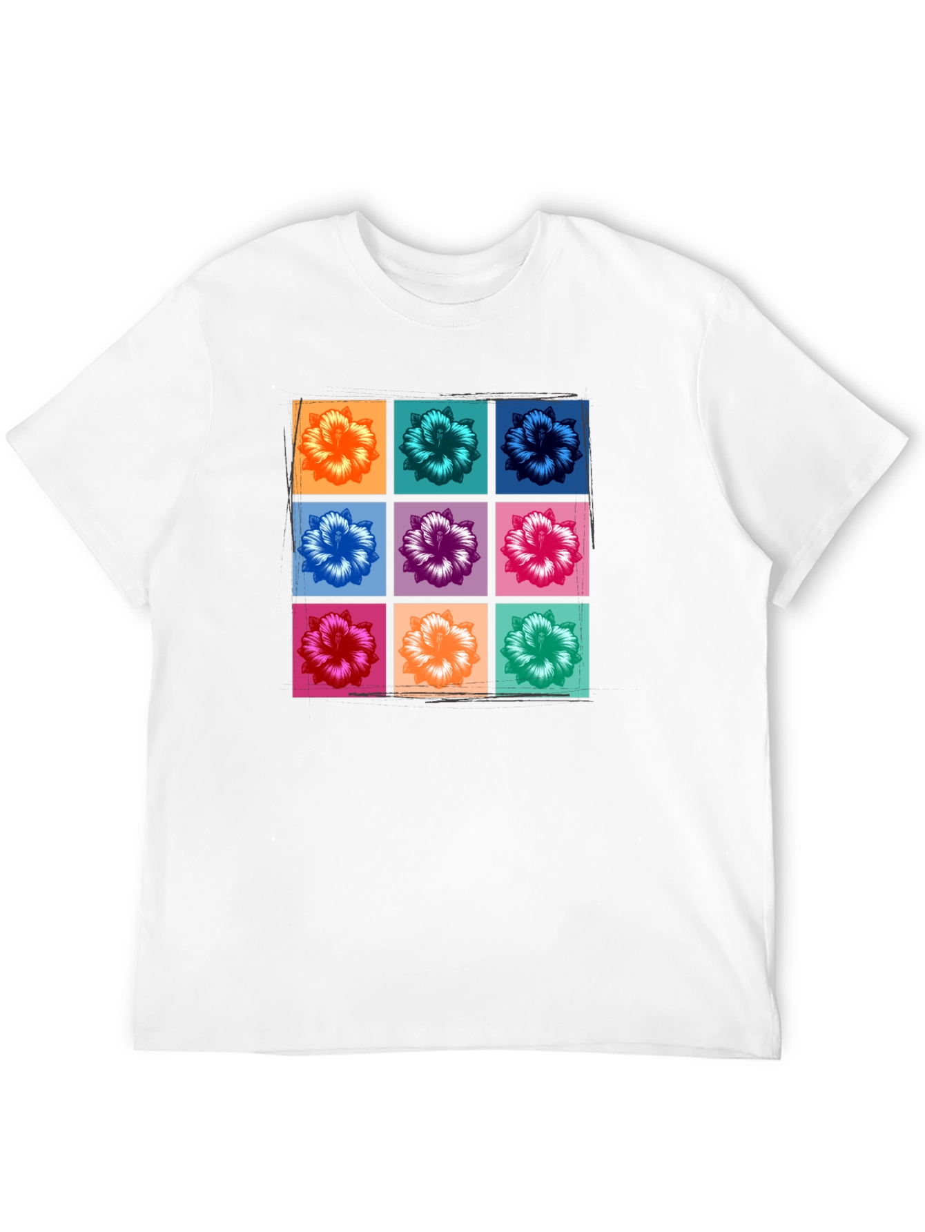 Floral Grid Graphic Tee - Black Casual T-Shirt