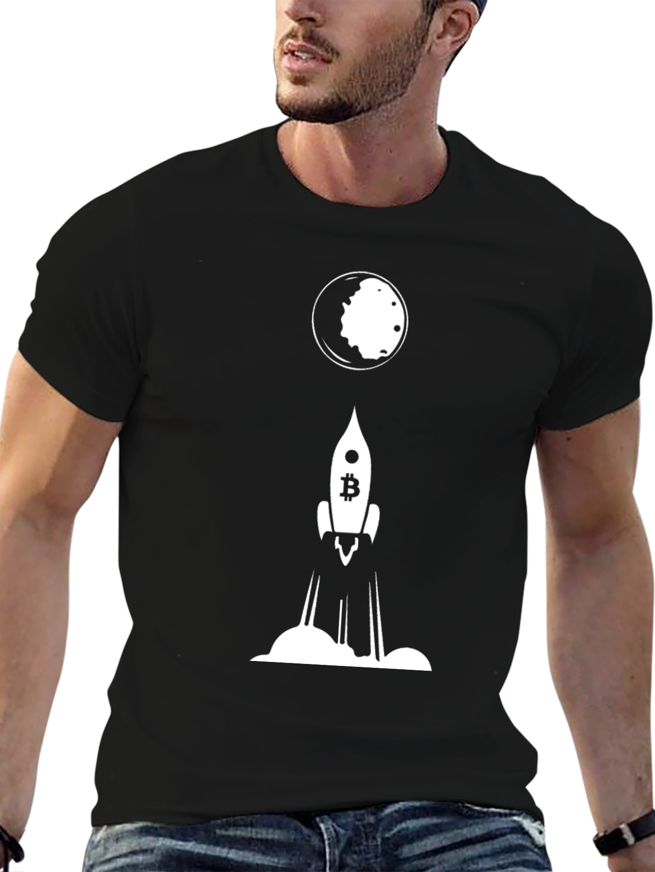 Bitcoin Rocket to the Moon Black T-Shirt