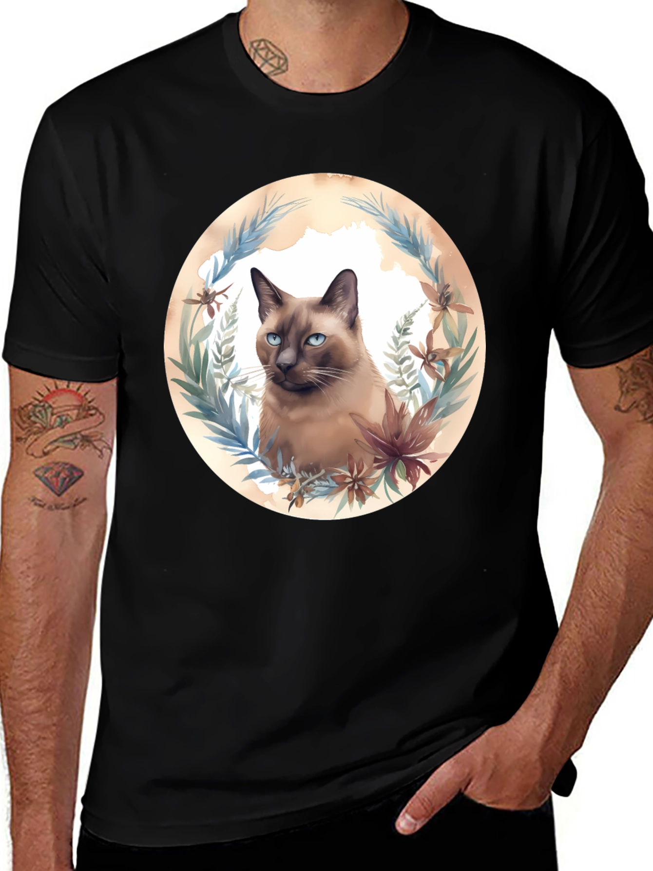 Siamese Cat Floral Wreath Graphic T-Shirt