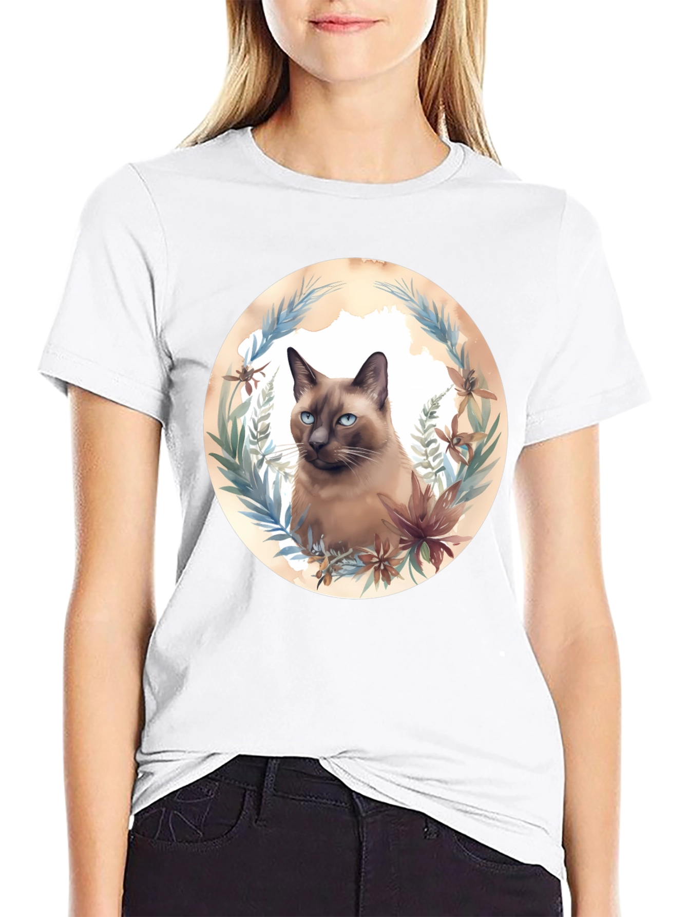 Siamese Cat Floral Wreath Graphic T-Shirt
