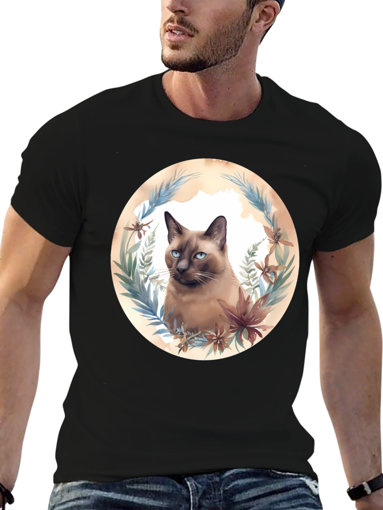 Siamese Cat Floral Wreath Graphic T-Shirt