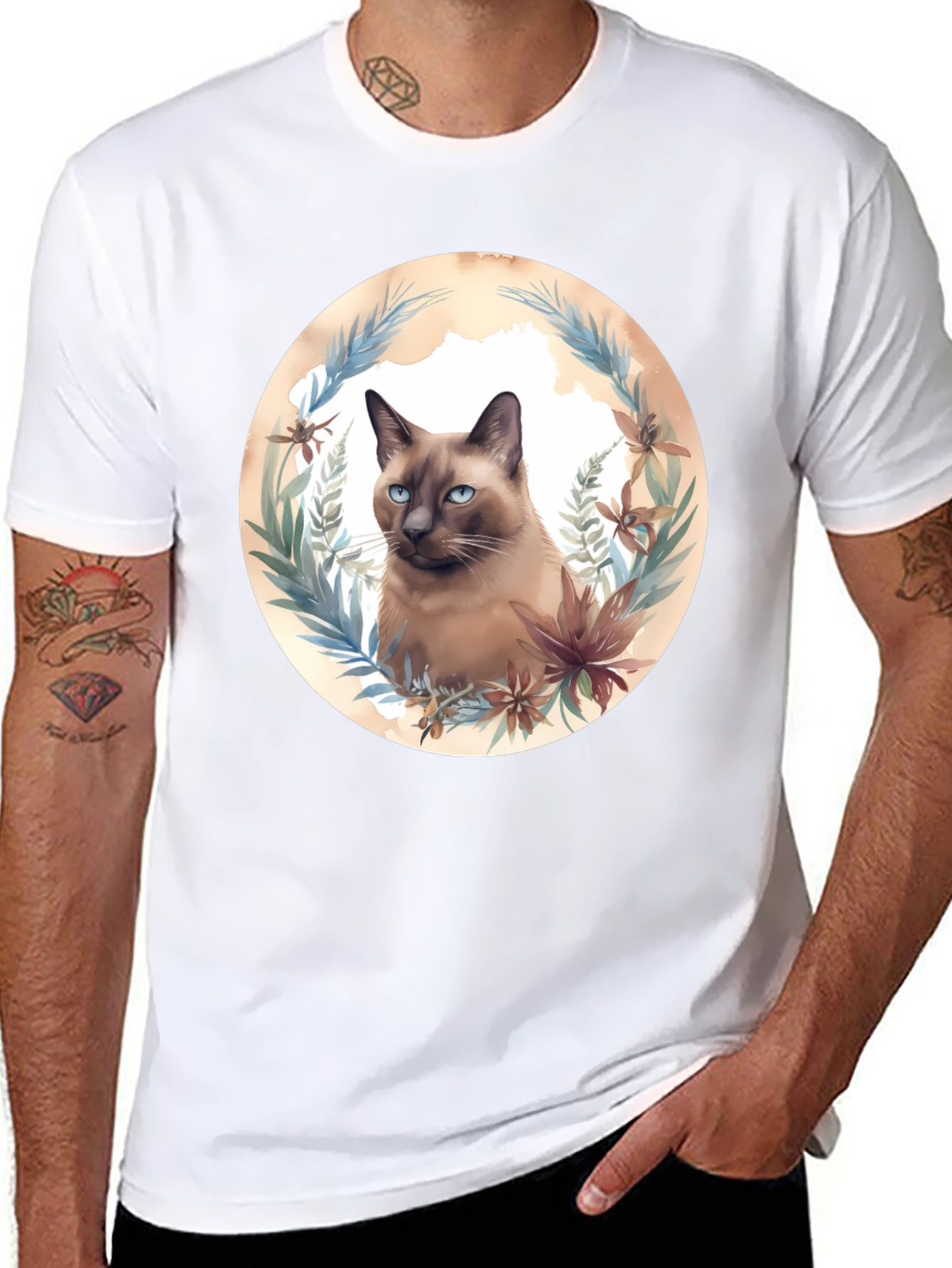 Siamese Cat Floral Wreath Graphic T-Shirt