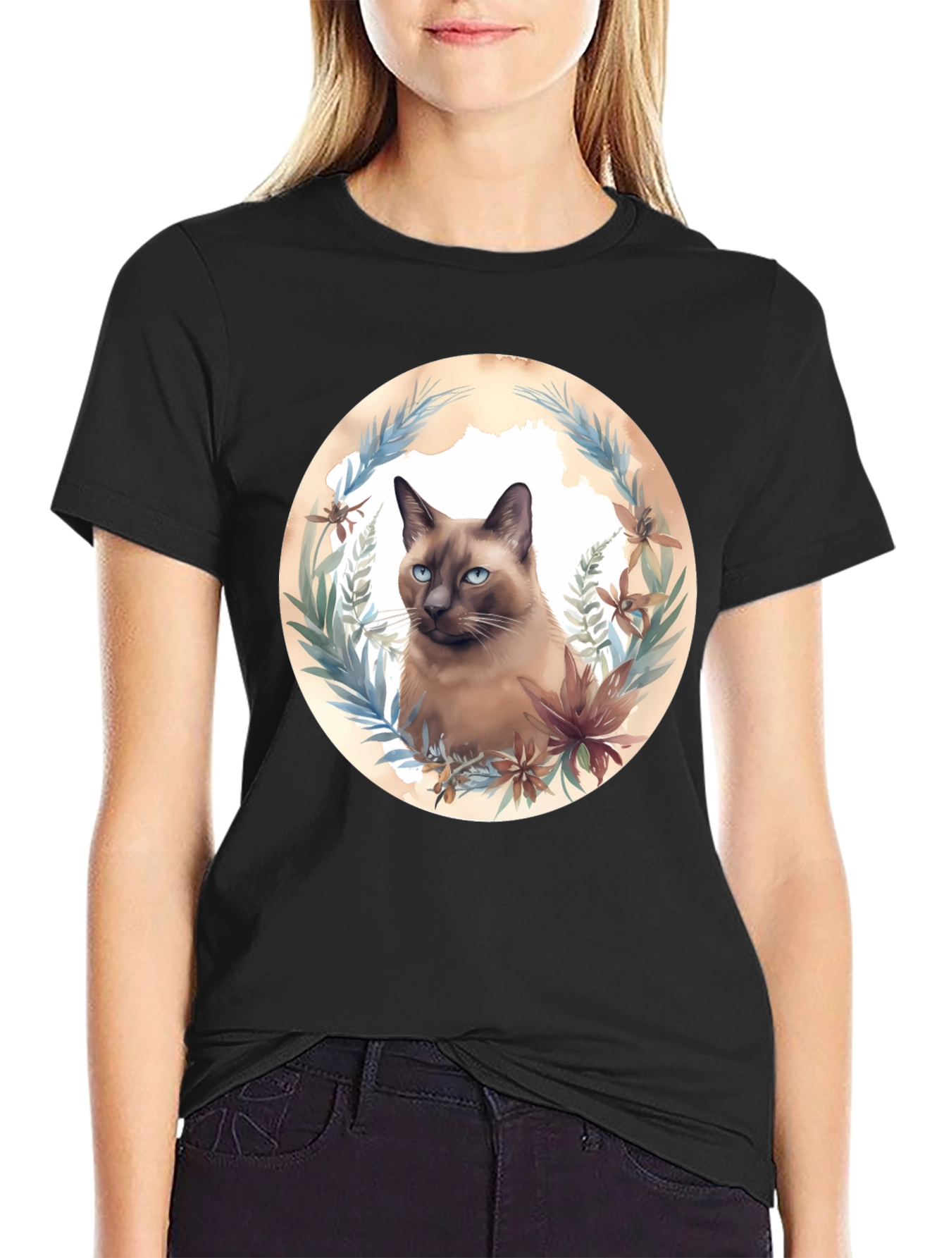 Siamese Cat Floral Wreath Graphic T-Shirt
