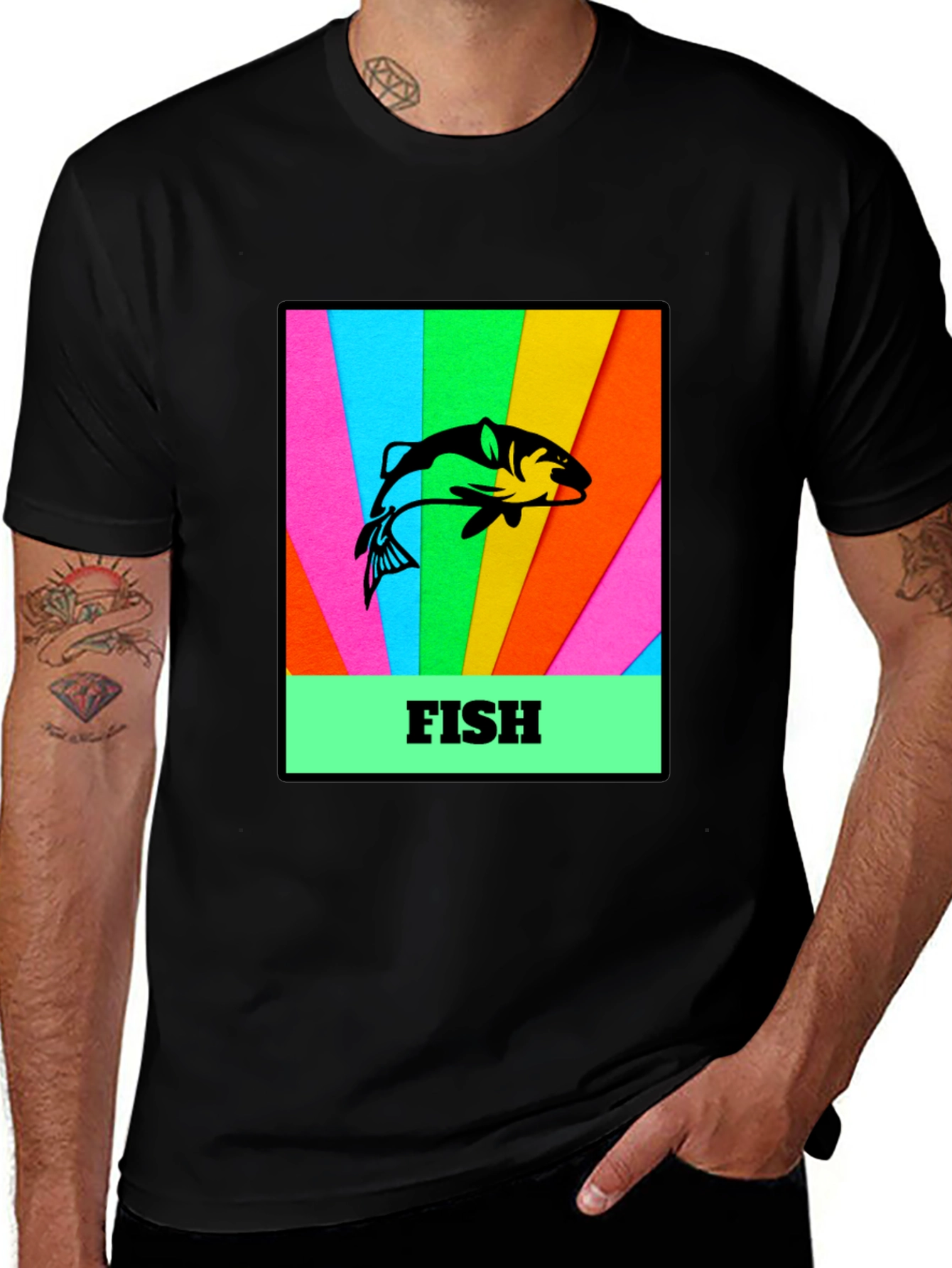 Mens Black T-Shirt with Fish Graphic Print