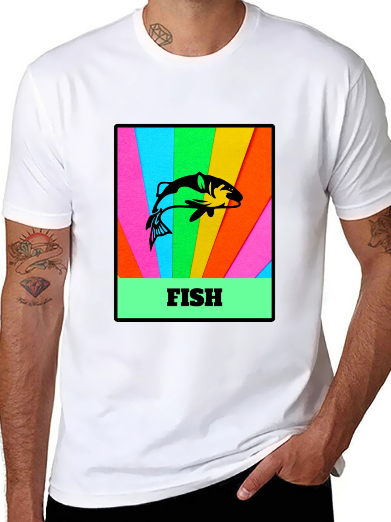 Mens Black T-Shirt with Fish Graphic Print