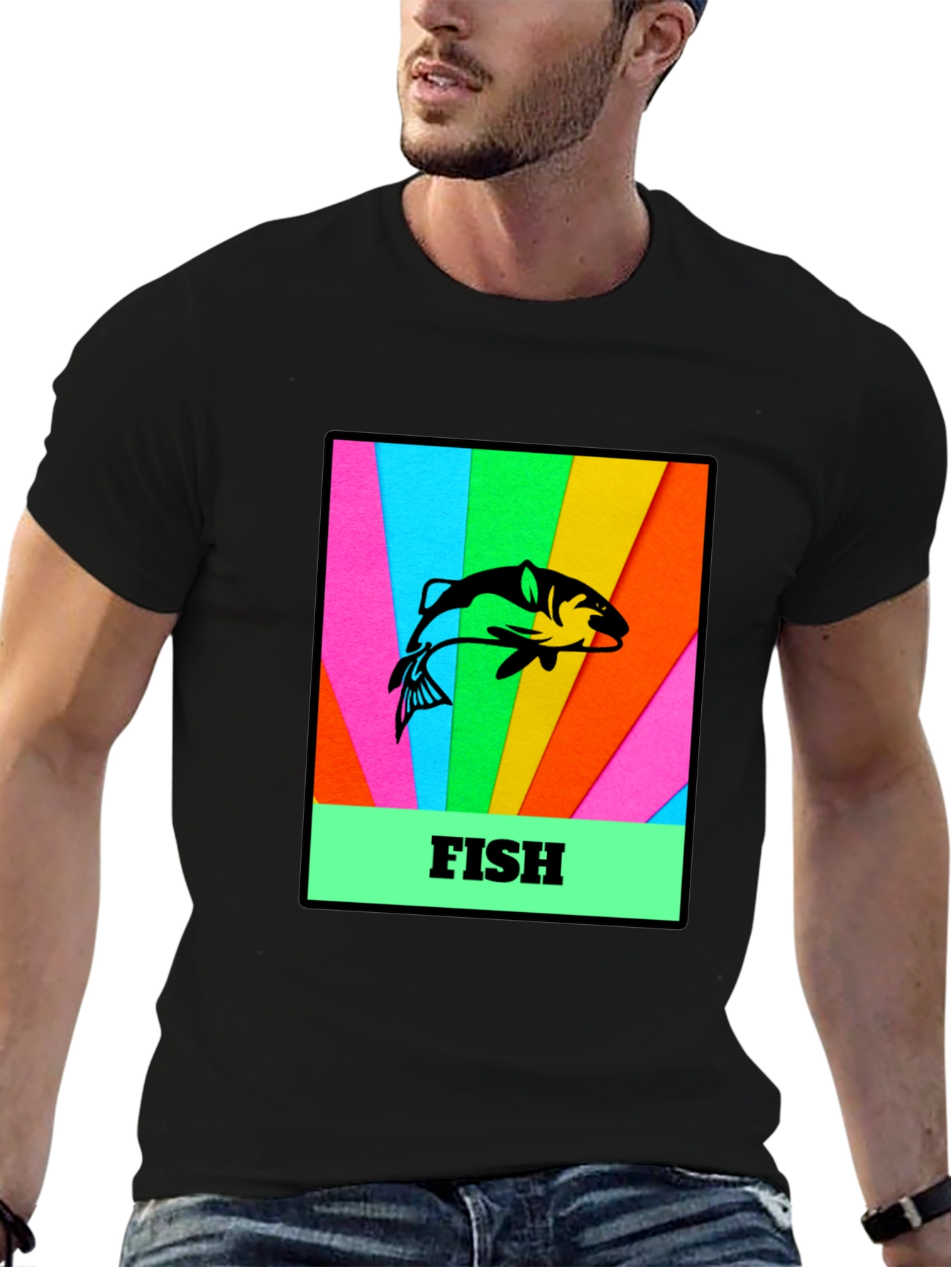 Mens Black T-Shirt with Fish Graphic Print
