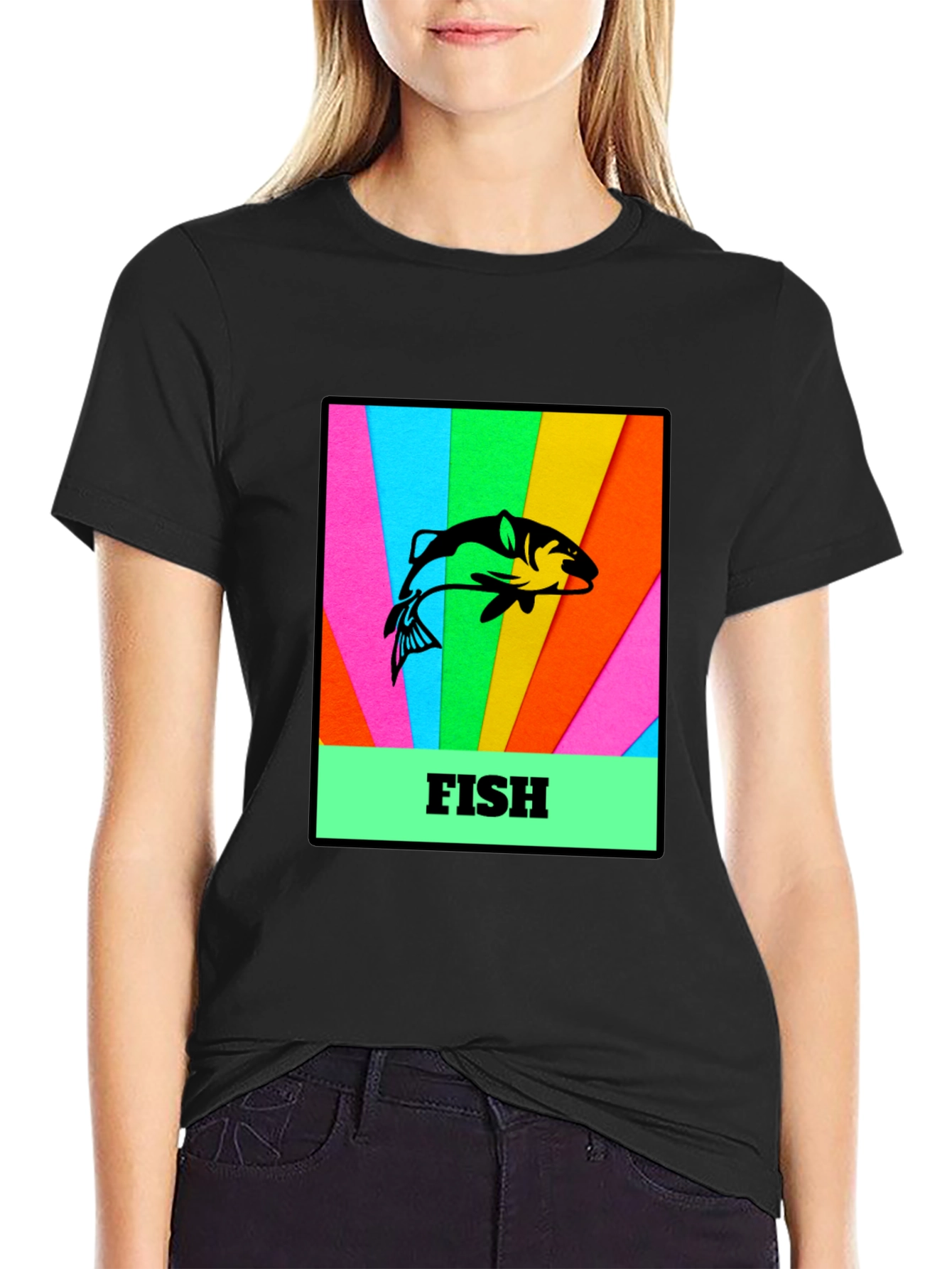 Mens Black T-Shirt with Fish Graphic Print