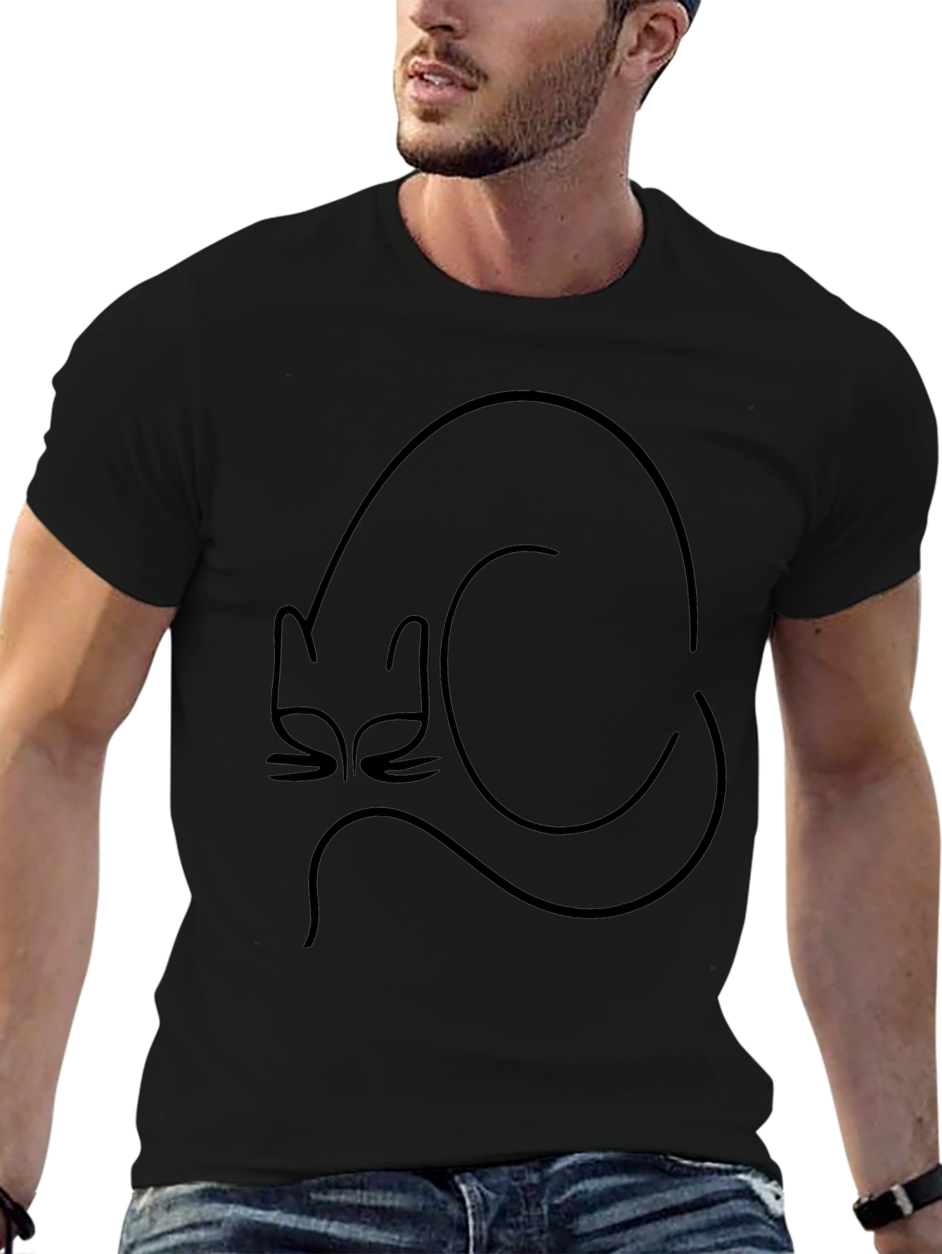 Minimalist Cat Outline Black T-Shirt