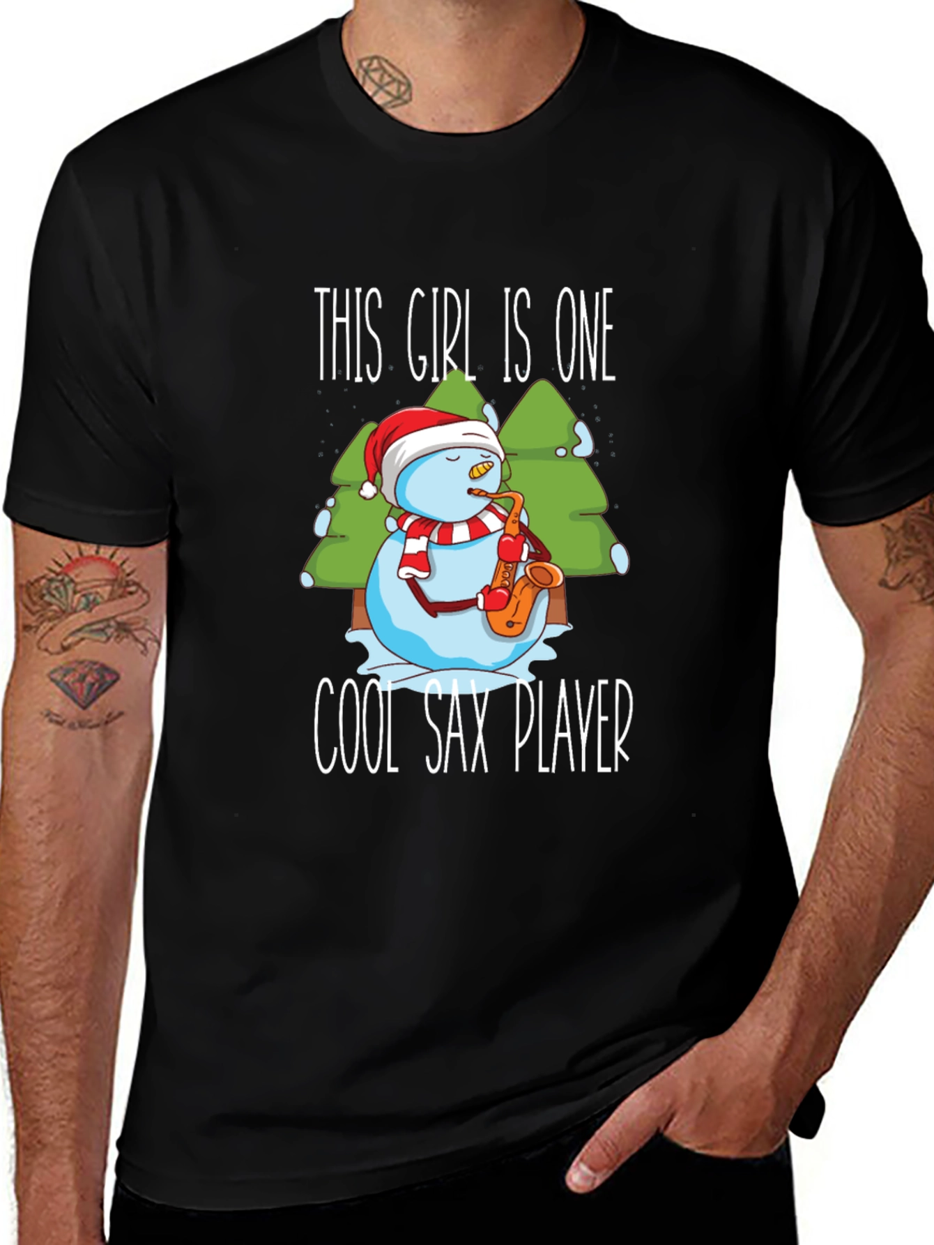 Cool Sax Player Snowman Graphic T-Shirt